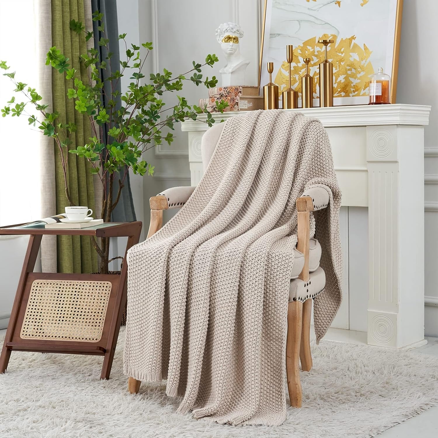 Chunky strik tæppe, Letvægts, Beige, 100% økologisk bomuld, Tæppe til sofa, sofa, seng, barn, børneværelse, Rustik, Shabby chic, Moderne bondehus, 152,4 X 203,2 cm, Inklusiv vaskepose Senge og tæpper Longhui sengetøj