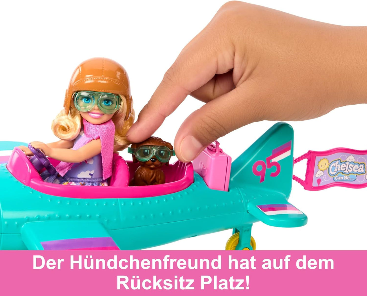 Chelsea Barbie Doll Airplane and Playset - Pilotdukke, flyvemaskine, hvalpe- og historietilbehør, spindehjul og blomsterpropeller, 3+, HTK38