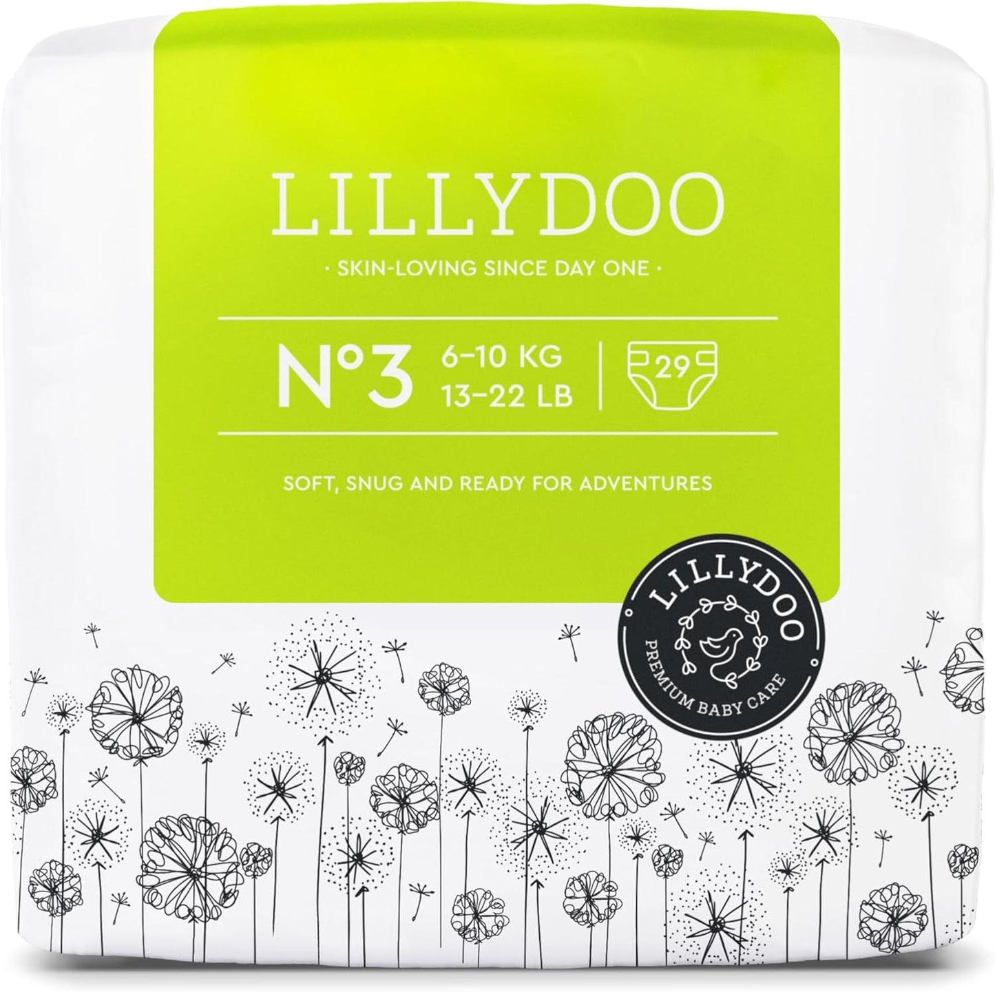 LILLYDOO Babybleer Hudvenlig - Størrelse 3 (6-10 kg), 29 stykker, pålidelig lækagebeskyttelse, blød, parfumefri og lotionfri til følsom hud, dermatologisk testet