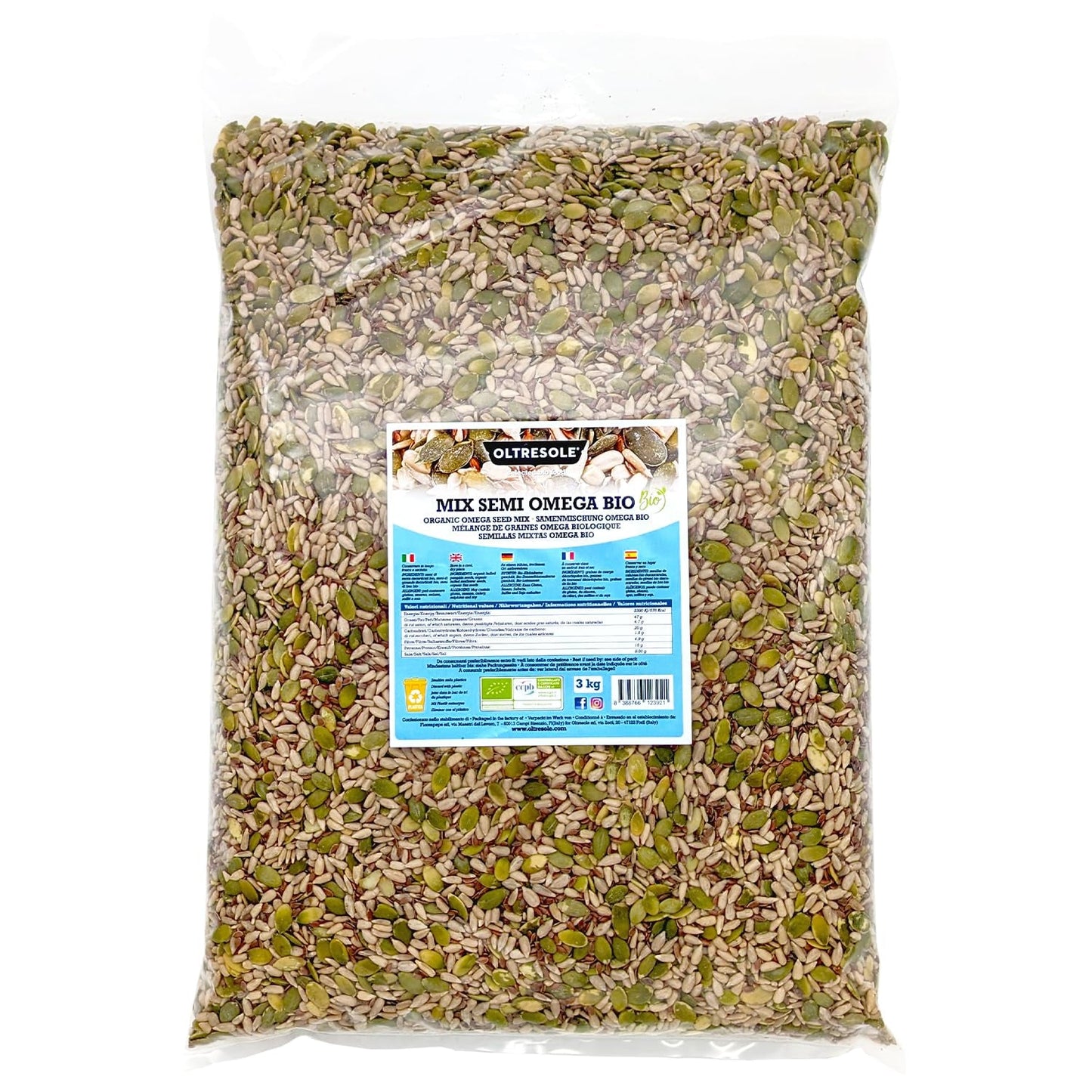 Økologisk Omega frøblanding 3 kg (blanding af græskar-, solsikke- og hørfrø), en blanding af 3 hele rå oliefrø, rig på protein, fibre og omega-3 fedtsyrer