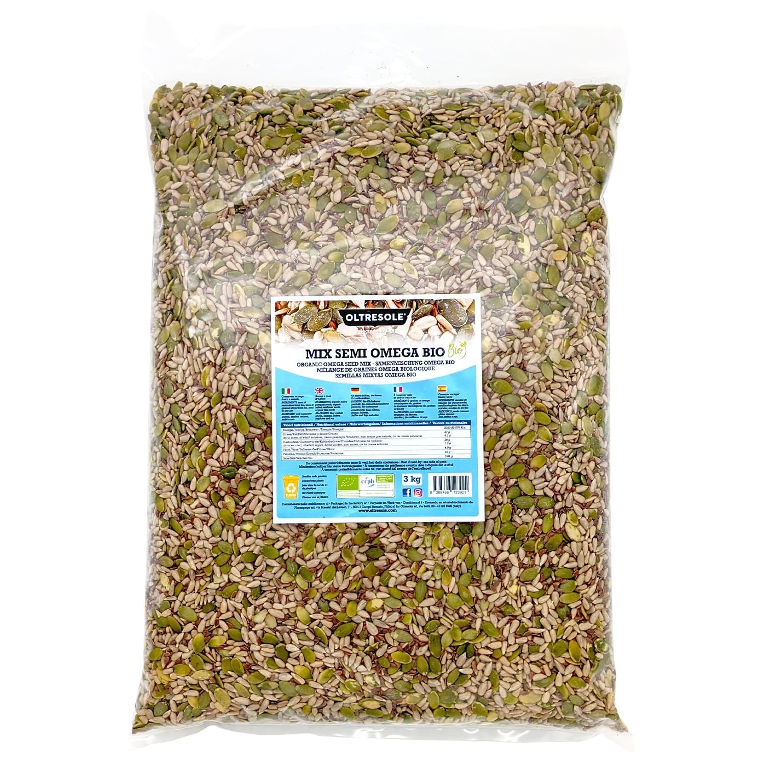 Økologisk Omega frøblanding 3 kg (blanding af græskar-, solsikke- og hørfrø), en blanding af 3 hele rå oliefrø, rig på protein, fibre og omega-3 fedtsyrer