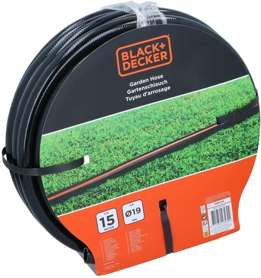 BLACK+DECKER Haveslange 15 meter - Ø19MM - Holdbar PVC - Vanding af haven, vask af bilen, fylde poolen - Kompatibel med enhver standard vandhane - Sort/Orange