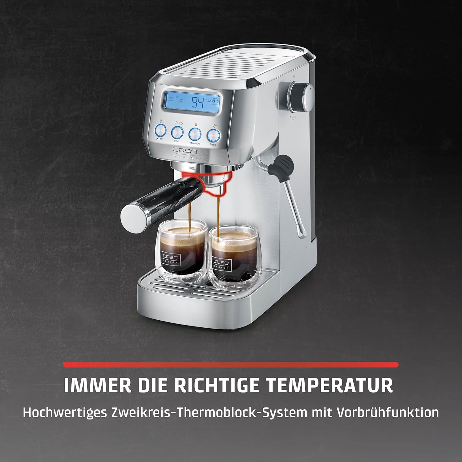 CASO EspressoGourmet Crema - Portafilter espressomaskine med mælkeskummer, espresso, cappuccino, rustfrit stål portafilter, ULKA 20 bar pumpe, kaffemaskine, malet kaffe, ESE kapsler