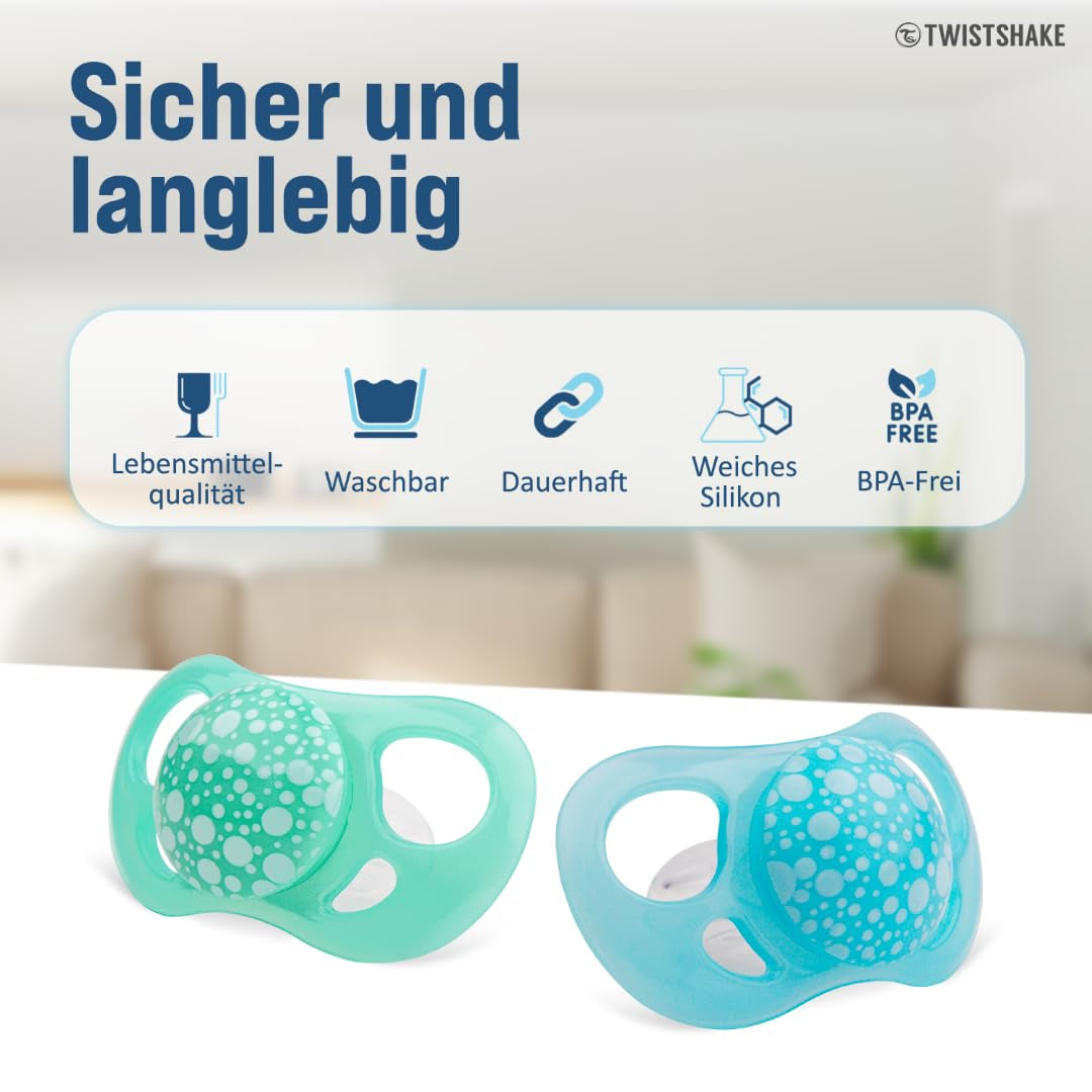 Twistshake babysutter – pakke med 2 | Ortodontisk form | Ultralet | Blød silikonesutter | BPA fri | Velegnet til babyer fra 6 måneder | Blå Grøn