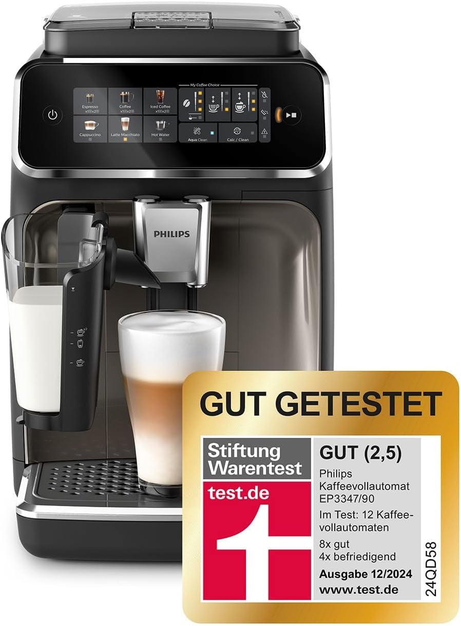 PHILIPS automatisk espressomaskine 3300-serien - 6 drinks, moderne farvetouchskærm, LatteGo mælketilberedningssystem, SilentBrew, 100% keramisk kværn, AquaClean-filter. Sort krom (EP3347/90)