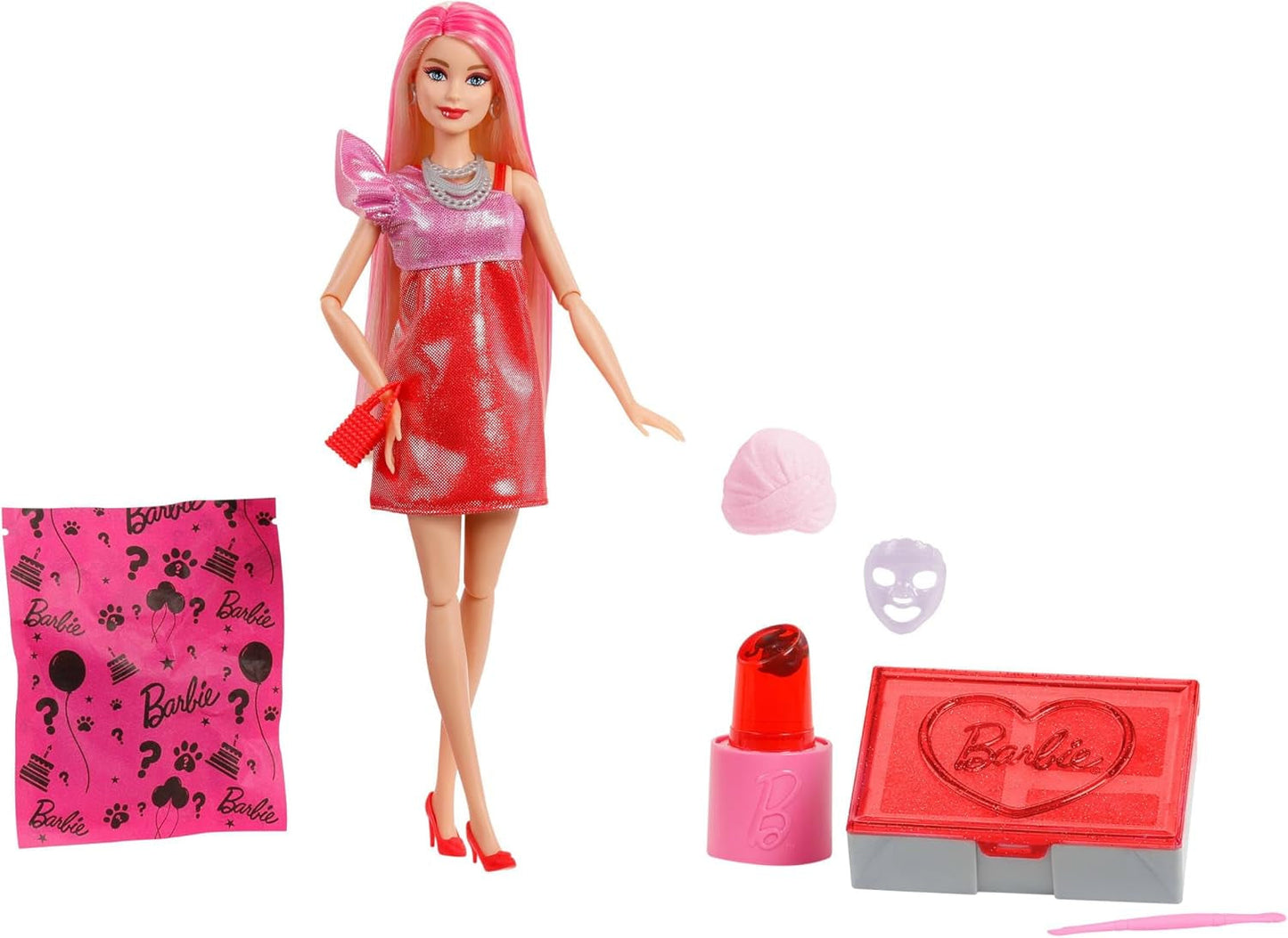 Barbie Party dukke uden æske og tilbehør, Glam Party serie med 10 overraskelser, inklusive en knaldrød dukke med farveskiftende effekt, JFY68