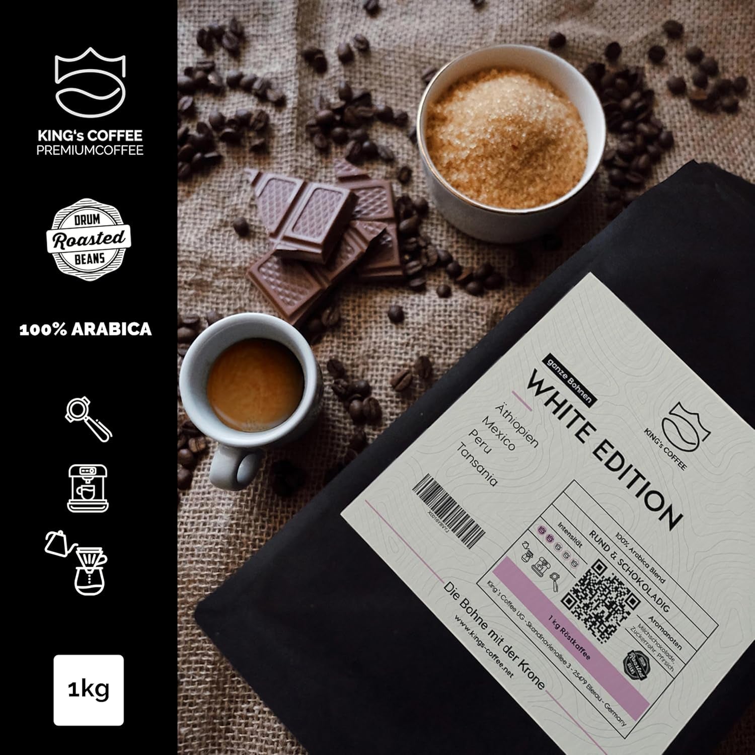 KING'S COFFEE - WHITE EDITION - let blanding 100% Arabica fra Etiopien, Mexico, Peru og Tanzania - lille batch-ristning i Italien - hele espressobønner til portafiltermaskiner - 1 kg