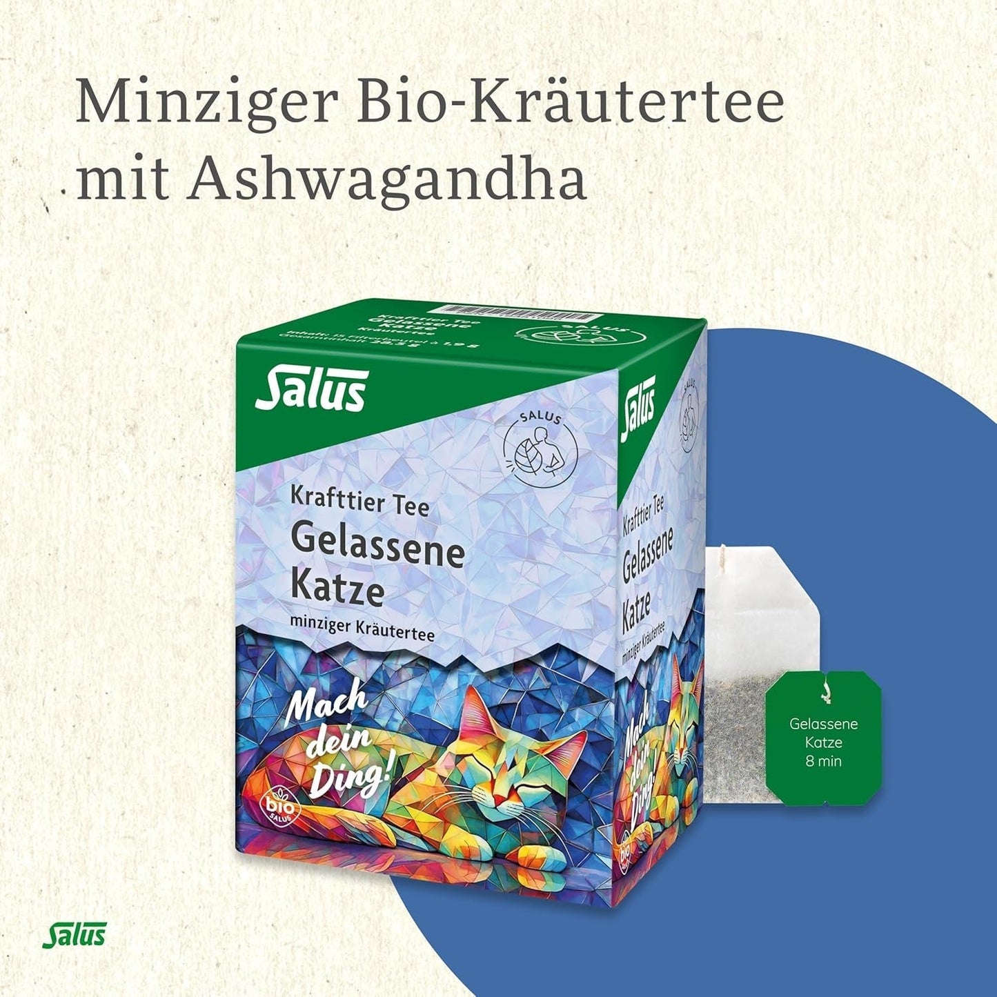 Salus - Krafttier Tea - The Quiet Cat - 1X 15 filterposer (28,5 g) - Mynteurtete med Ashwagandha - Økologisk