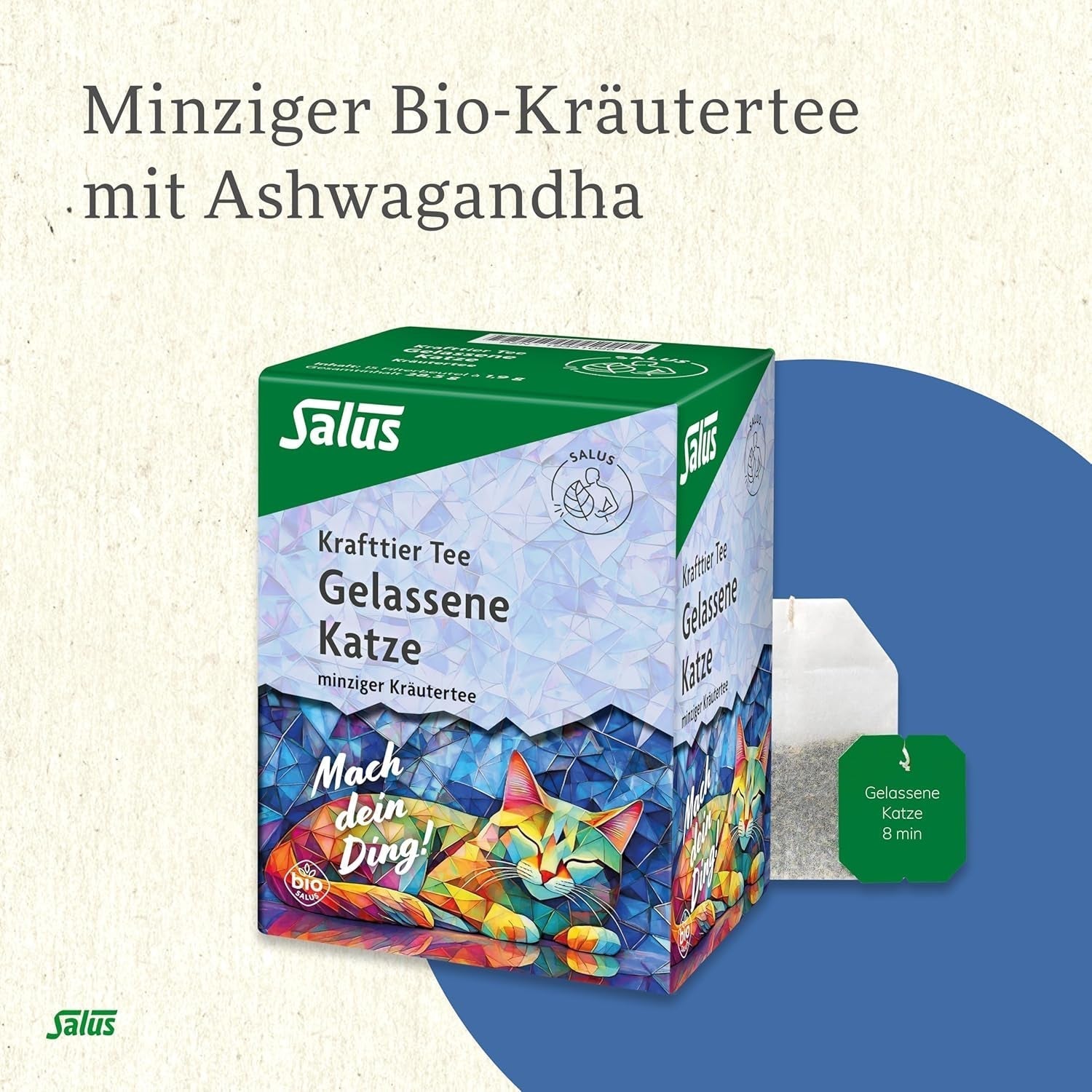 Salus - Krafttier Tea - The Quiet Cat - 1X 15 filterposer (28,5 g) - Mynteurtete med Ashwagandha - Økologisk