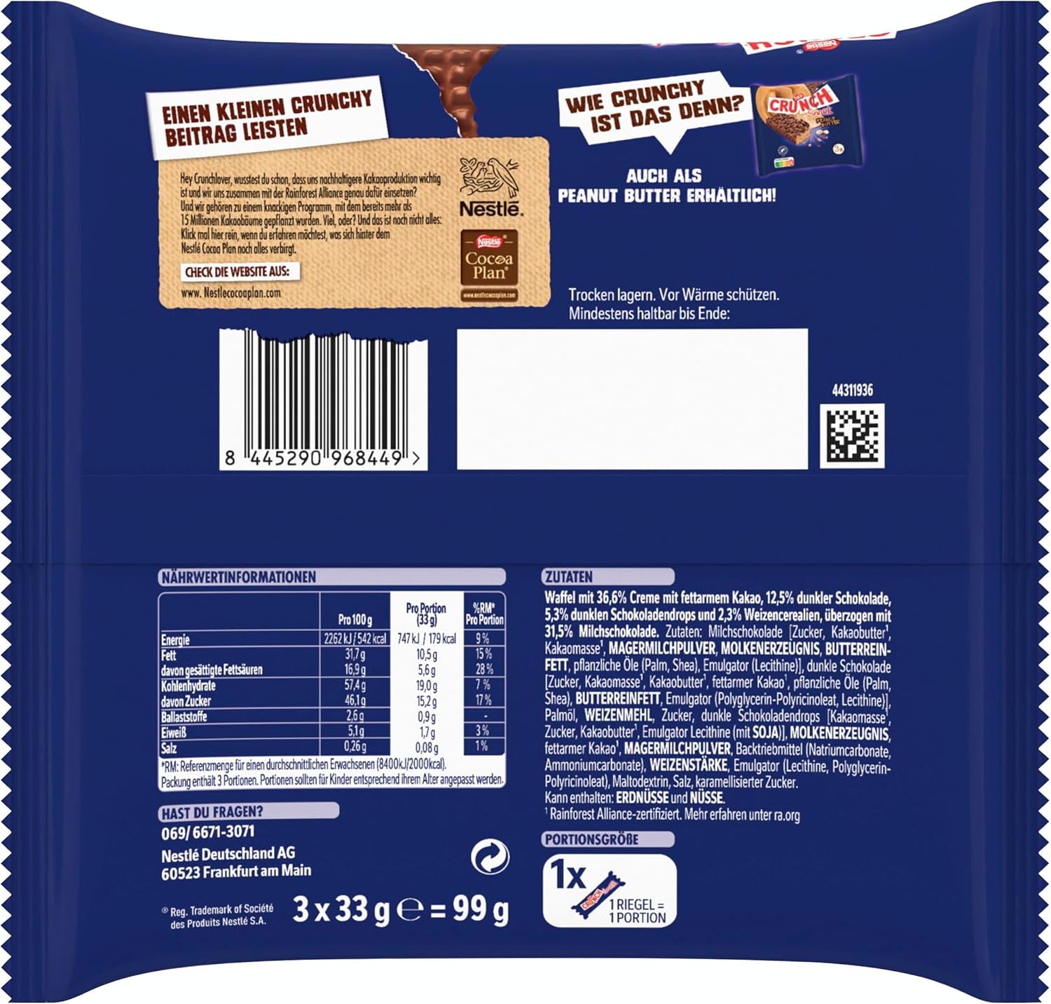 Nestlé Milk Bar Crunchy Milk Chocolate Cereal Bar 9 pakke (3 x 33 g hver)