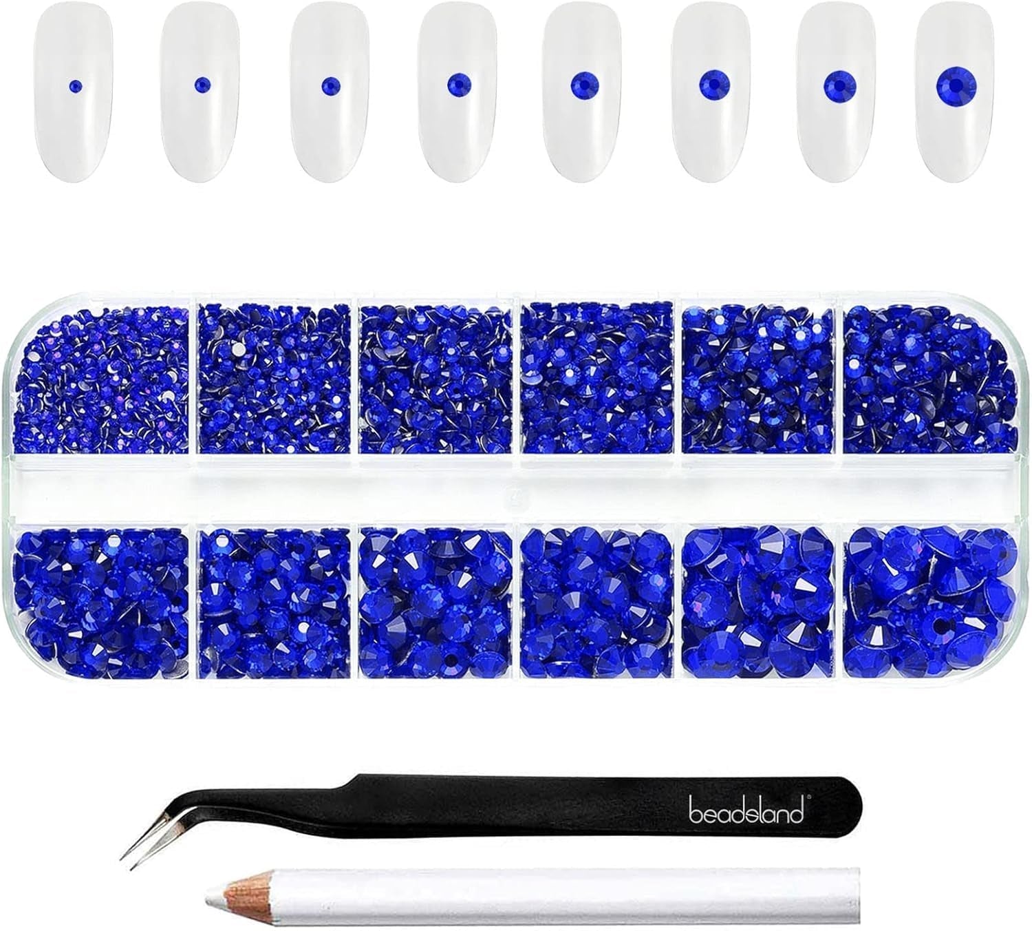 Beadsland 2500 stk Glas Nailart Strasssteine ​​​​Kristall Flatback Edelsteine ​​​​Runde, ​​Für Handwerk Gemischt 8 Größen SS4 ~ SS30 Mit Picking Pinzette Und Stift (Kristall Weiss)