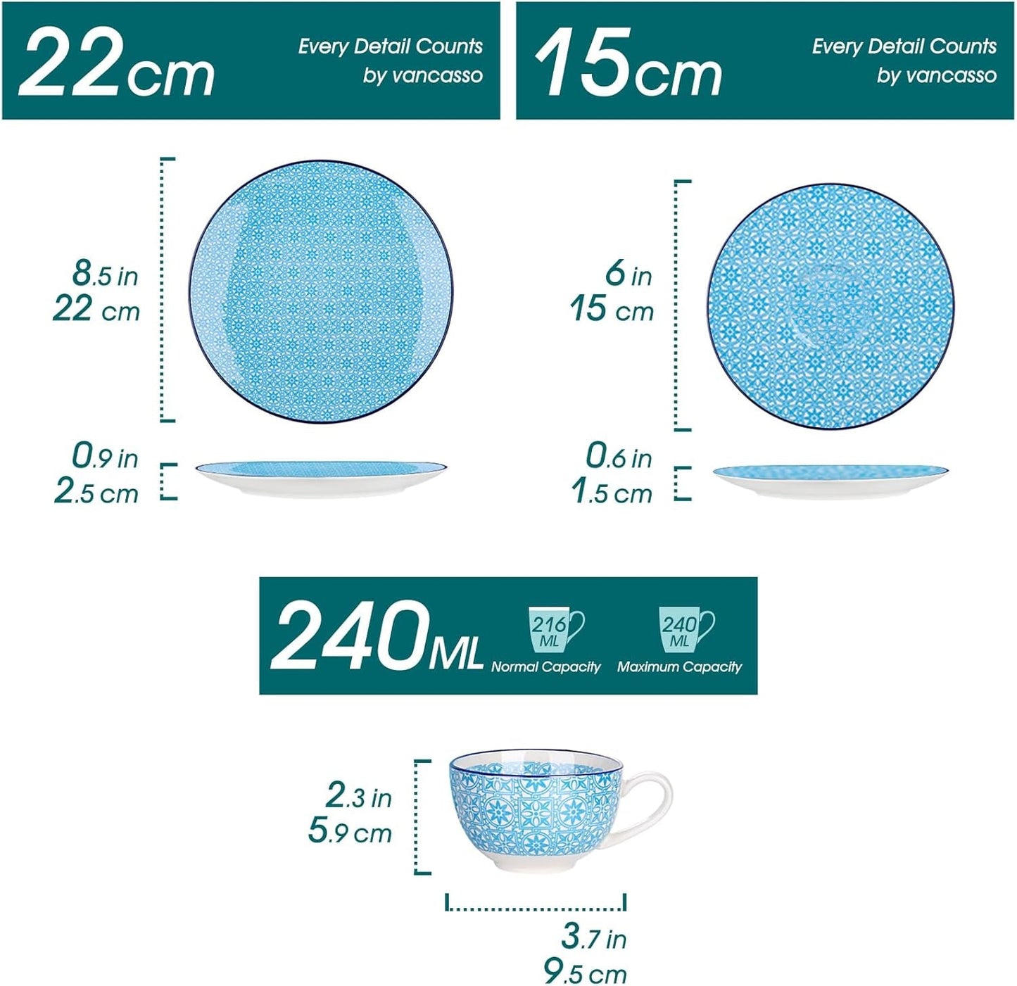 Vancasso Macaron-kaffesæt i porcelæn, 12 stykker farverig kaffeservice til 4-12 personer, kopsæt, inkluderer kaffekopper, underkopper og desserttallerkener