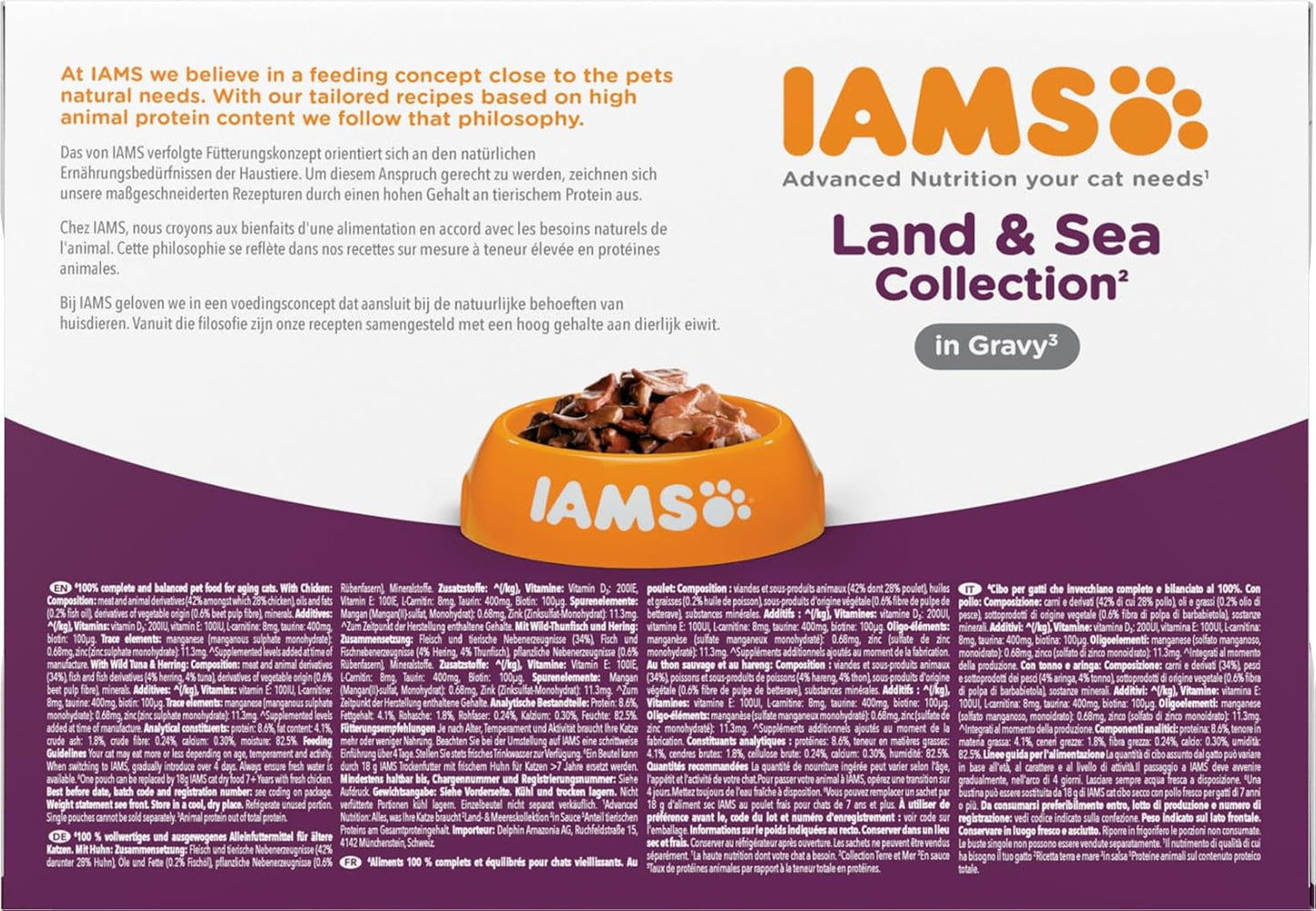 IAMS Delights Vådfoder til seniorkatte - Multipak med kylling og fisk i sauce, højkvalitets vådfoder til katte ældre end 7 år, 12 x 85g
