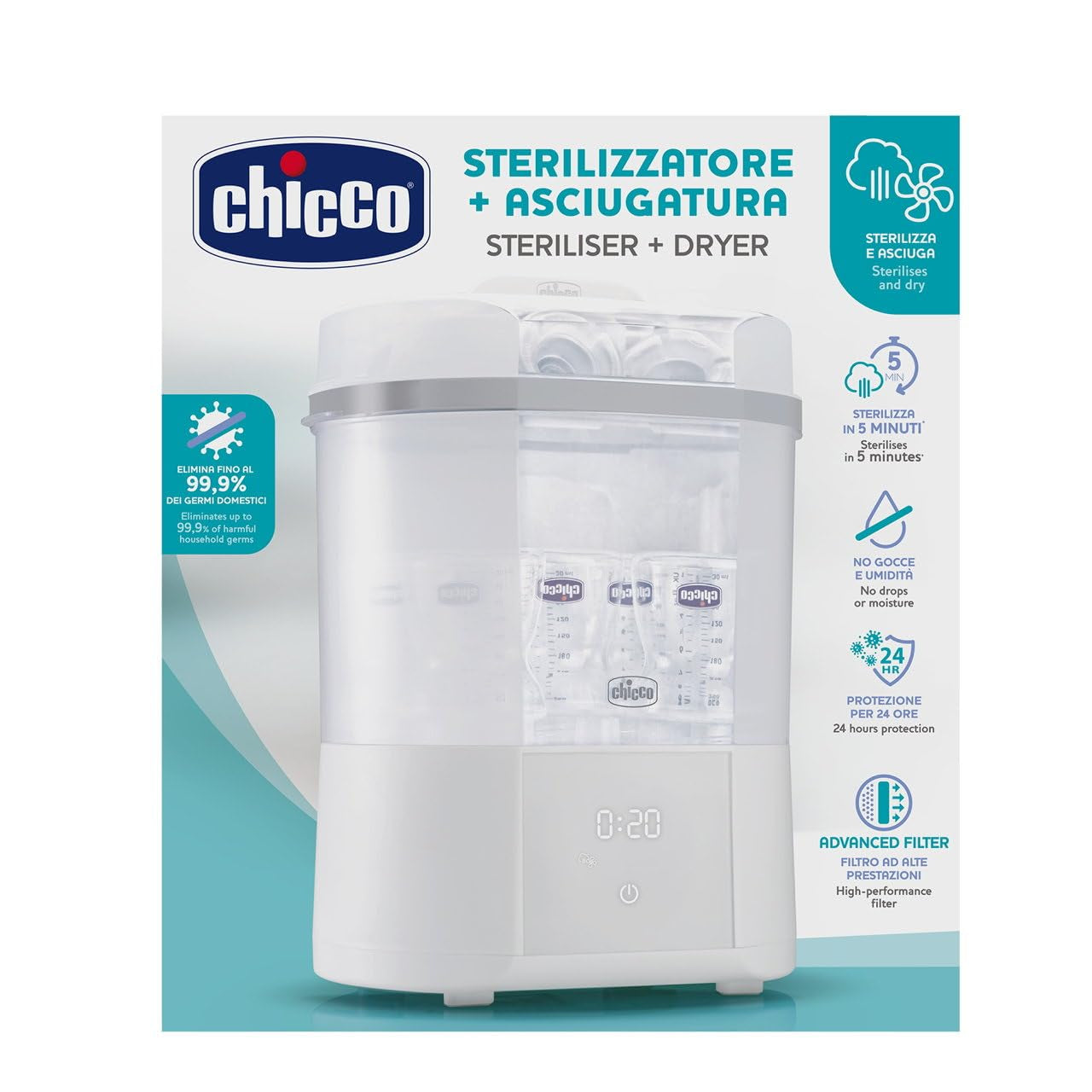 Chicco modulær sterilisator med tørrefunktion, sutteflaskesterilisator, bidering og sut med autostop, mikroovnsikker, velegnet til sterilisering af op til 6 330 ml flasker