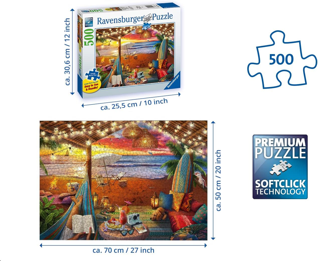 Ravensburger Puslespil 16795 - Sunset on the Beach - 500 brikker puslespil til voksne og børn 10+ med større puslespil [eksklusivt på Amazon] Puslespil Naty Shop