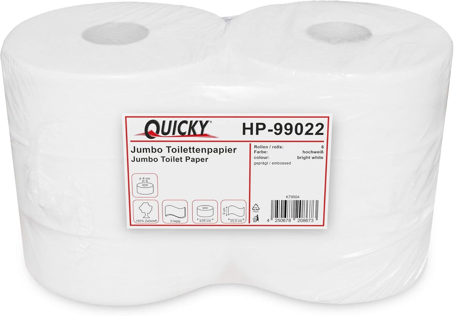 Quicky Jumbo 2-lags toiletpapir, 25 cm Ø, lys hvid, præget med fine prikker, 6 ruller - absorberende og rivefast for maksimal hygiejne, ideel til offentlige institutioner og industri