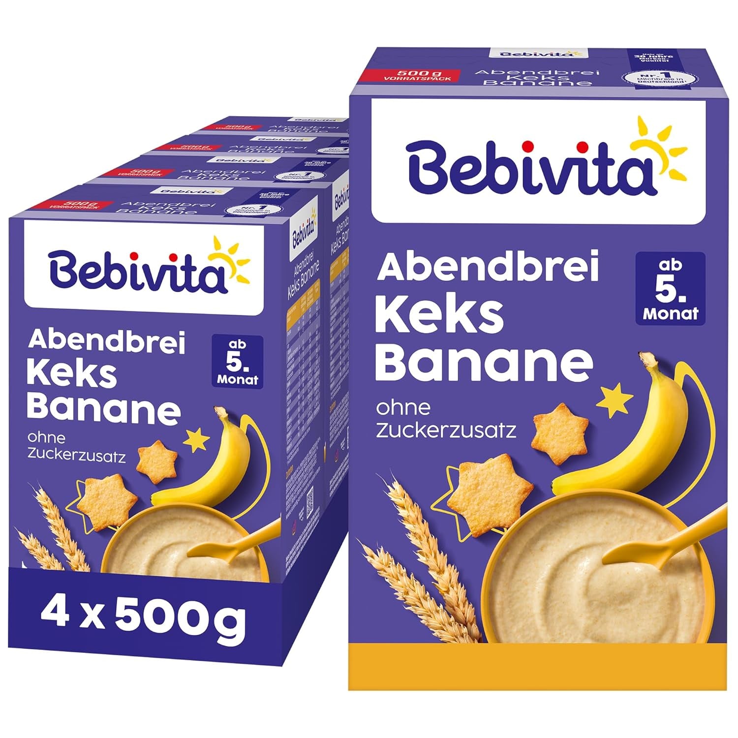 Aftengrød med kiks og bananer (4x500g), mælkegrød fra 5 måneder, uden tilsat sukker, med værdifulde mineraler og vitaminer, meget mættende