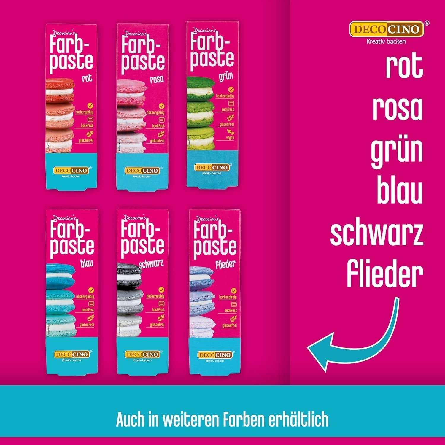 Sæt med 6 Decocino farvepastaer - 6 x 20 g - Madfarve i rød, pink, grøn, gul, blå og sort, ideel til farvning af kager, fondant og cremer - Azofri og glutenfri