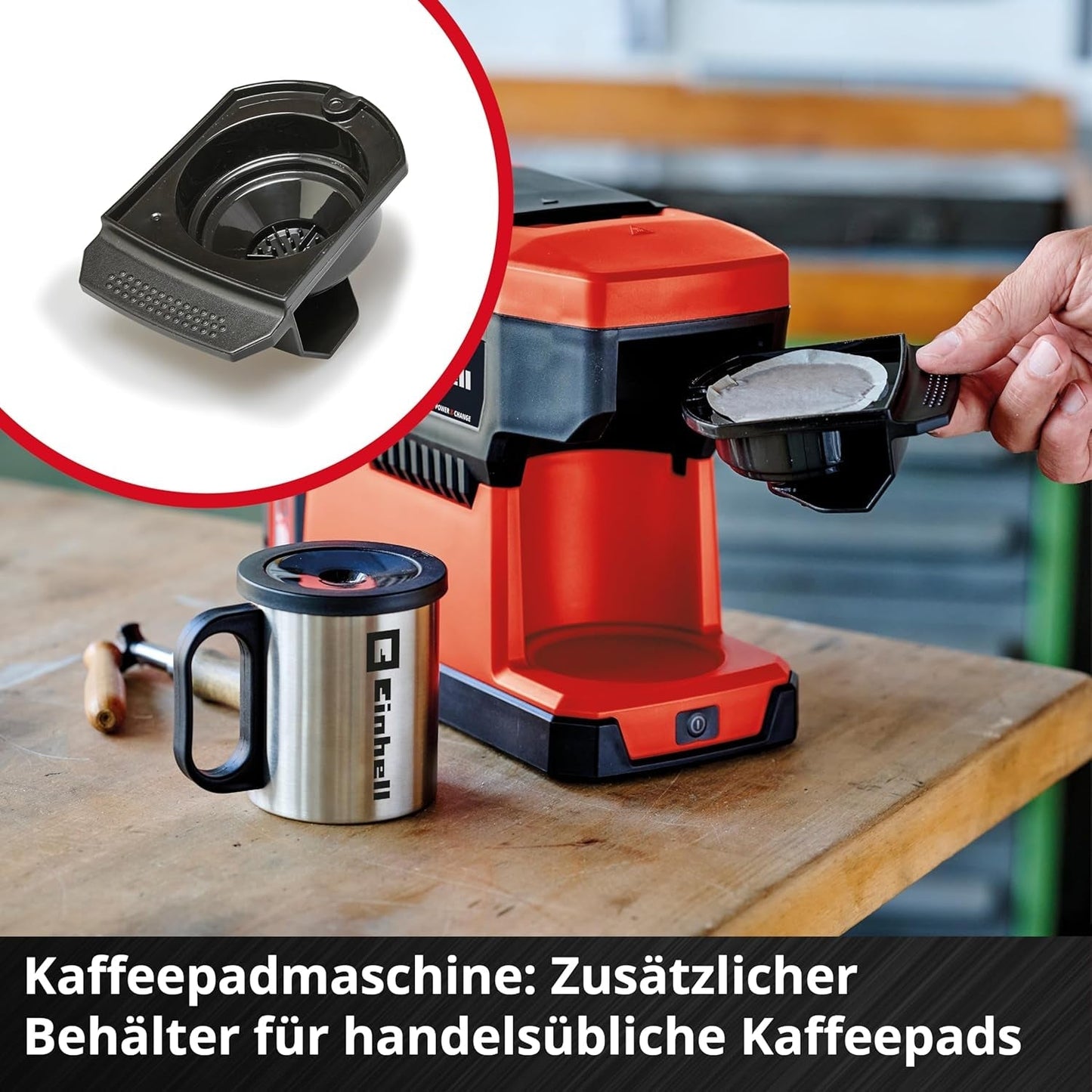Trådløs espressomaskine Einhell TE-CF 18 Li-Solo Power X-Change (18 V, 240 ml vandtank, til filterkaffe og kaffekapsler, bærehåndtag, inkl. kaffekop med låg, uden batteri)