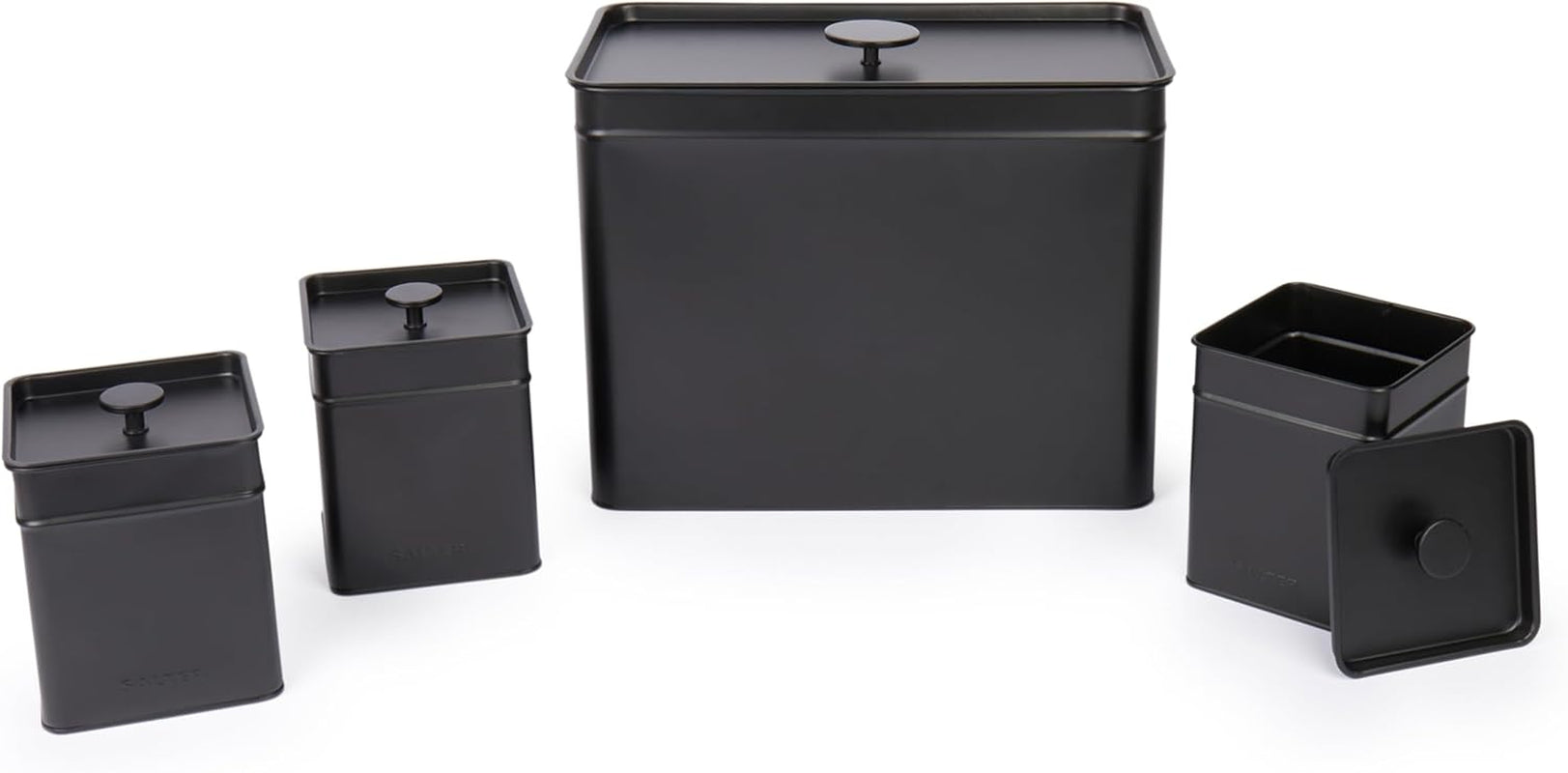 Salter BW12614EU7 Kuro Opbevaringsboks Sæt - 4 køkkenbeholdere Brød/te/kaffe/sukker Firkantede organiseringsæsker Let at rengøre Hold mad frisk Sort madopbevaringsbokse Naty Shop