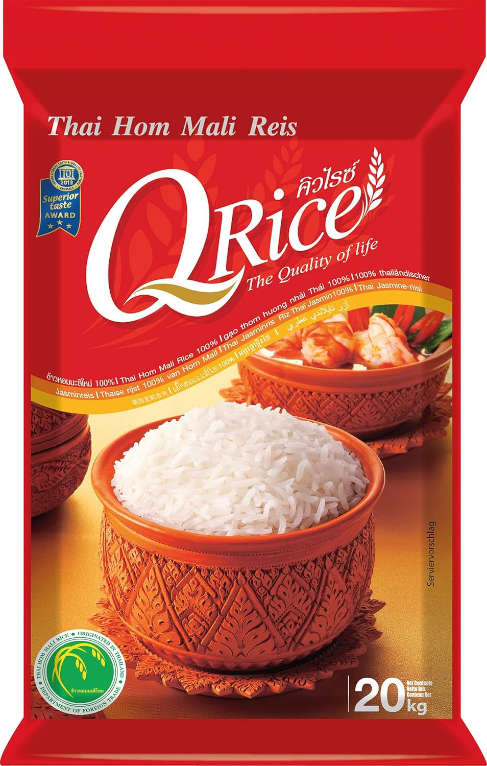 Q RIS | Jasmin Reis 100% Langkorn aus Thailand | Duftende aromatisk med let klebriger Tekstur | Ideel til karryretter, skåle og asiatiske retter 1 x 20 kg