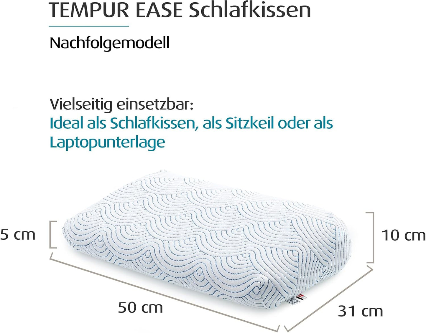 TEMPUR EASE Memory Foam Sovepude, Ergonomisk Nakkestøttepude til enhver sovestilling, Fast støtte, 50 X 31 X 10/5 cm, Hvid Naty Shop Standard Puder