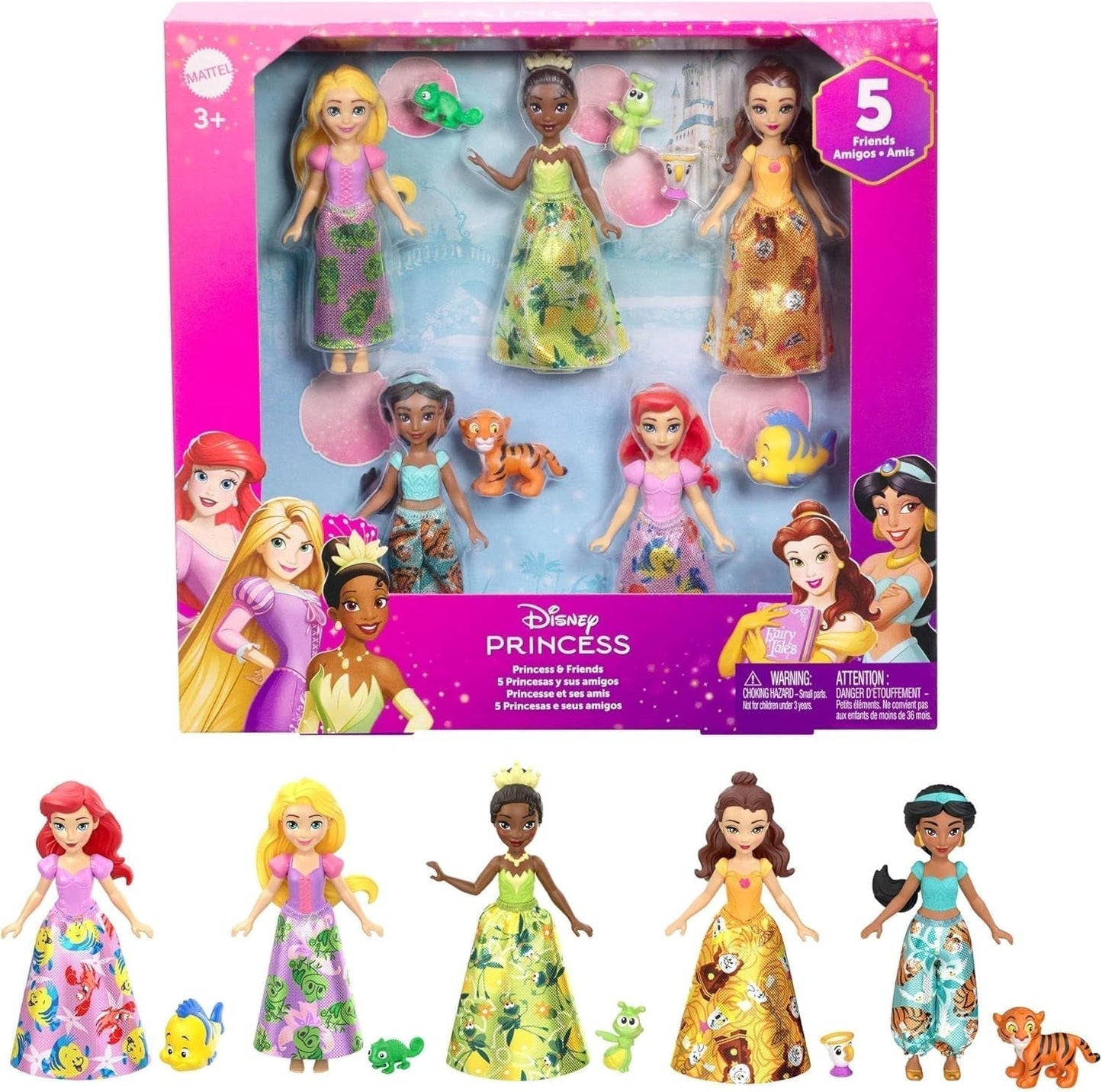 Mattel Disney Princess forvandler legesætvogn til slot med lille nordlysdukke, 3 etager, 6 legeområder, 4 figurer, møbler og tilbehør HWX17-dukker Naty Shop-vennesæt