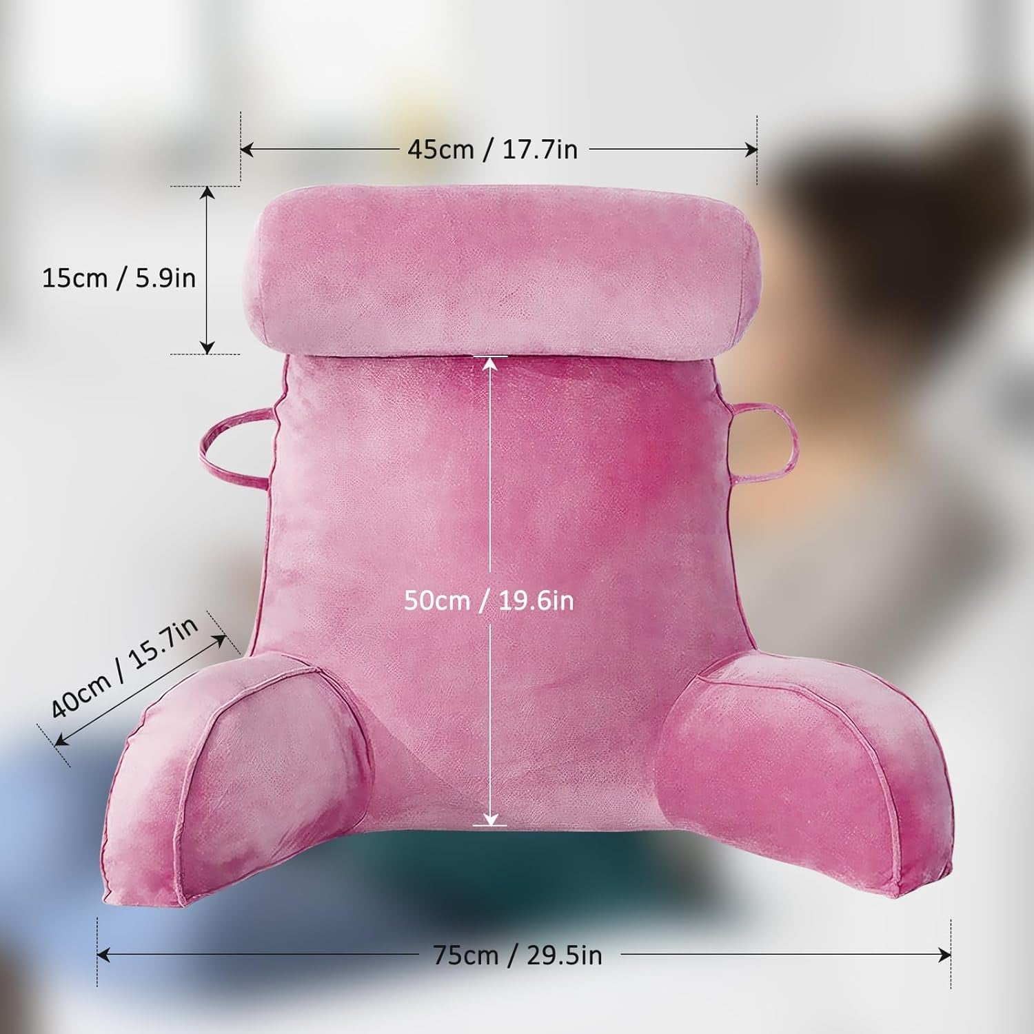 XL læsepude til seng og sofa med aftagelig nakkerulle, ideel rygpude til voksne med memoryskum til behagelig læsning, arbejde, leg, se tv, afslapning (pink)