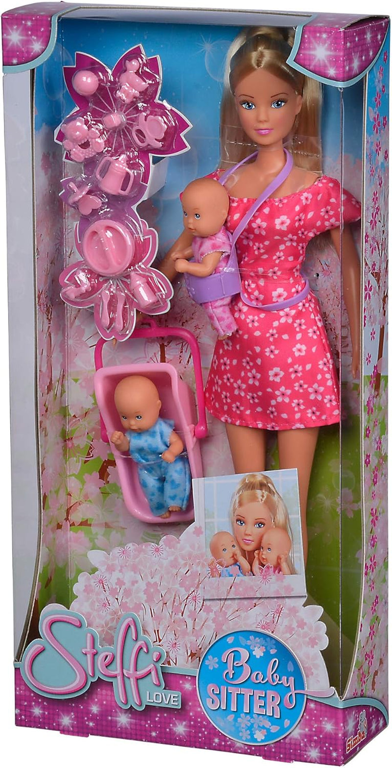 Simba 105730211 - Steffi Love Nanny, med to babyer, bæresele og autostol, tilbehør, påklædningsdukke, 29 cm, til børn fra 3 år og opefter