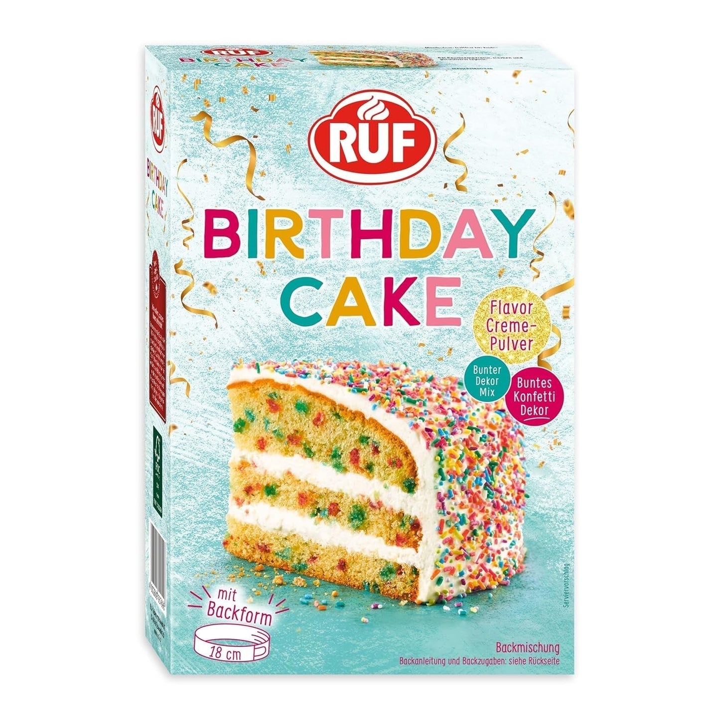 RUF Birthday Cake, Geburtstagskuchen, Schicht-Torte Aus Rührteig Und Konfetti-Streusel, Tortencreme Und Buntem Dekor-Mix, Für Kindergeburtstag, Familienfeier, Einschulung, 1X425G Icings and Decor Naty Shop 425 G (1Er Pack)