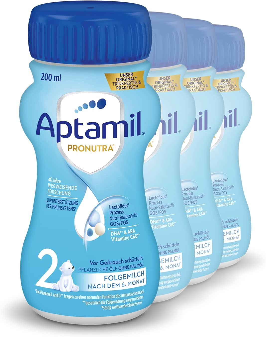 Aptamil Pronutra 2, tilskudsmælk efter 6 måneder, drikkeklar babymælk (4 x 200 ml)