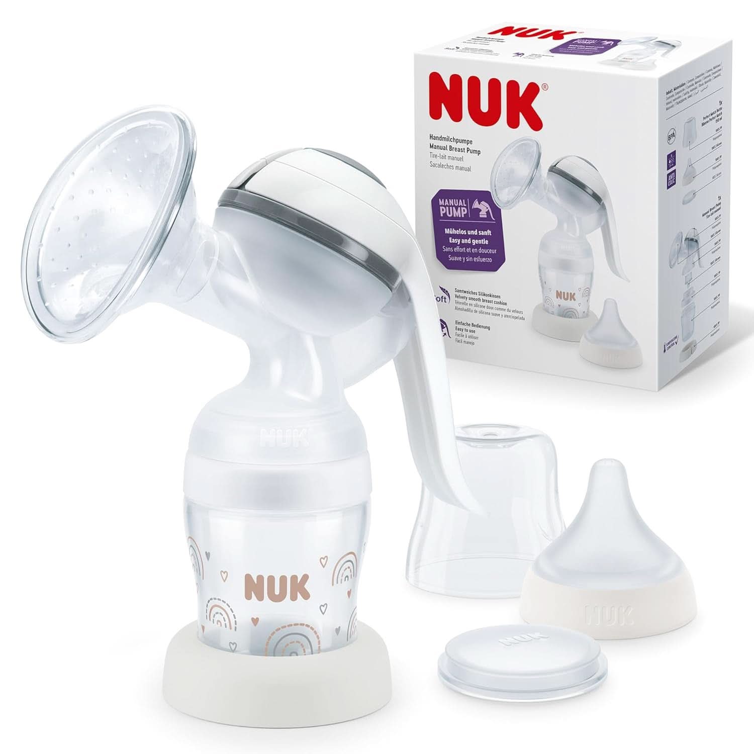NUK manuel brystpumpesæt, blød silikonepude, 2 perfekt kombinerede flasker, 150 ml Mad og ammetilbehør Bebe Naty Shop Handmilchpumpe