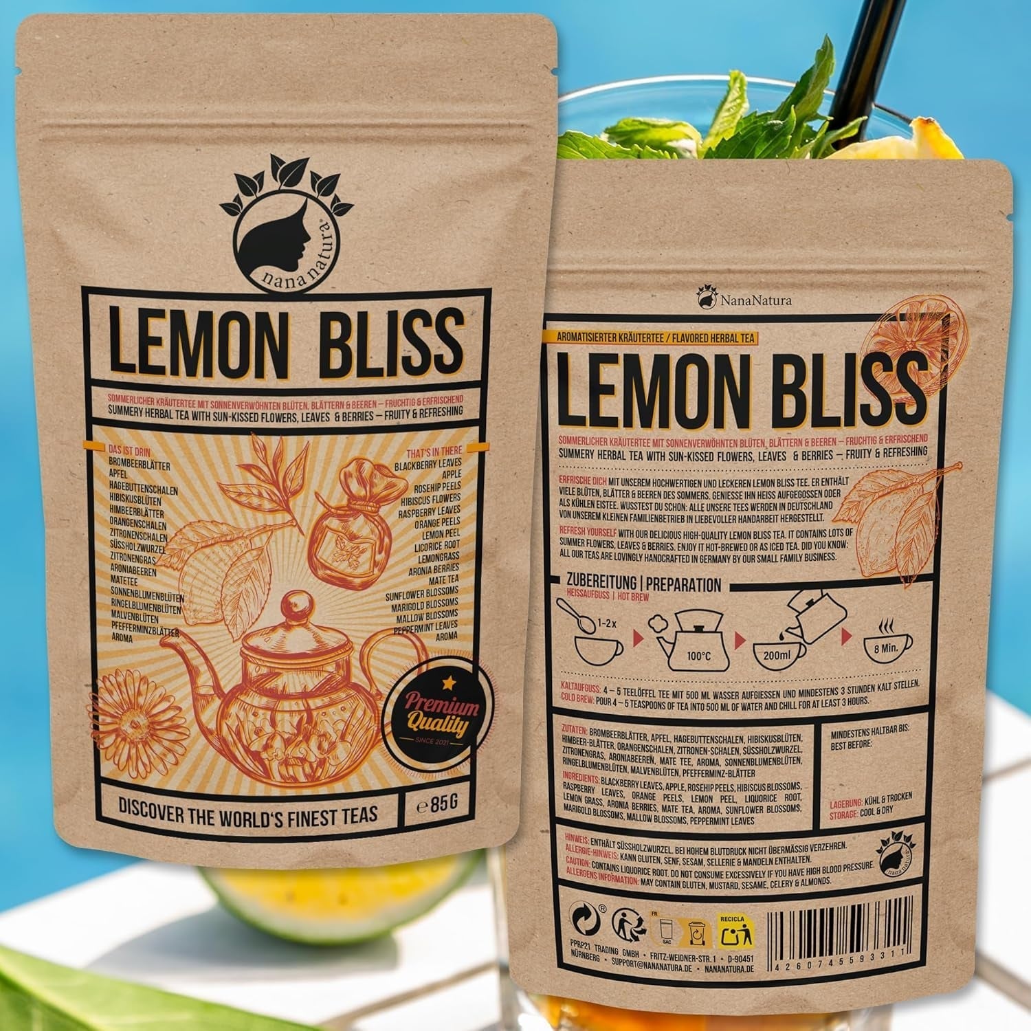 Nananatura'S Original LEMON BLISS TEA 85G | Frugtagtig og forfriskende sommerurtete | Som kold te, iste eller klassisk varm | Med blomster, blade og solmodne bær | Intet sukker