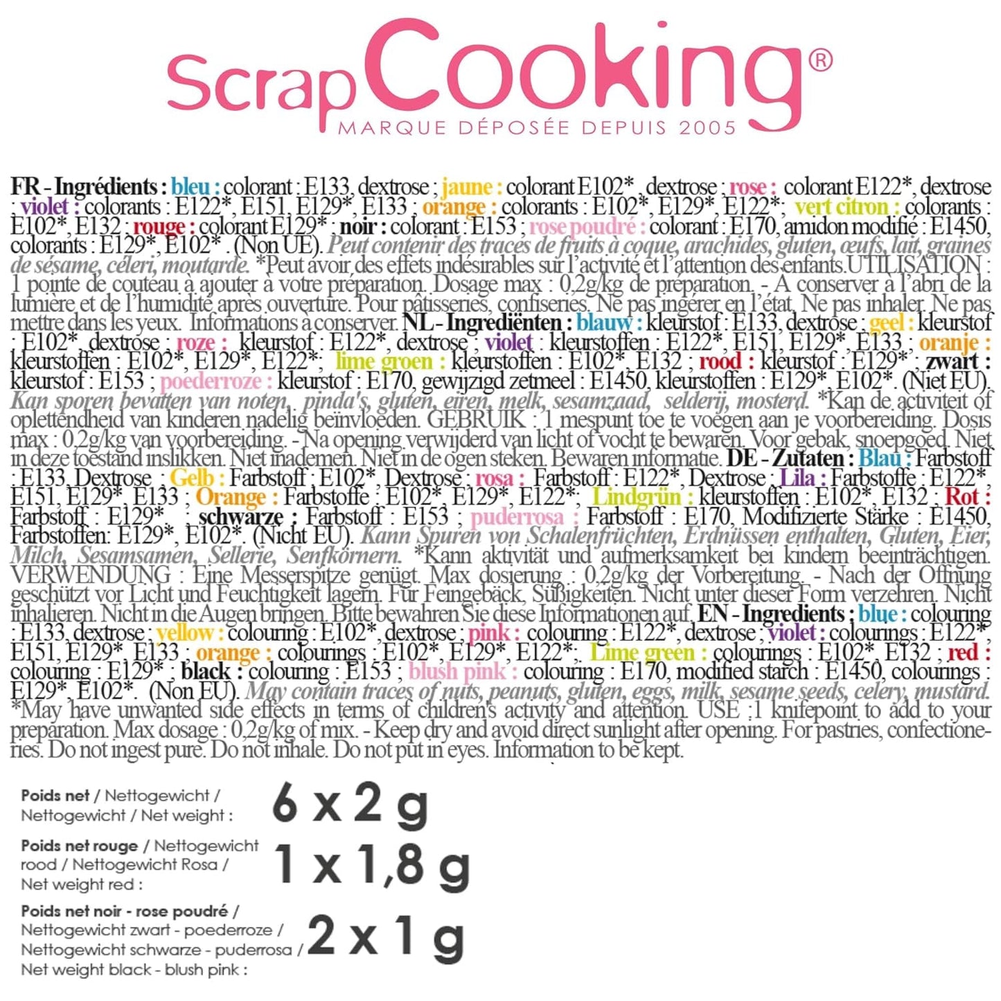 Scrapcooking - Sæt med 9 pulveriserede madfarver - Blå, Gul, Pink, Lilla, Orange, Limegrøn, Rød, Pulverpink, Sort - Spiseligt farvepulver til kager, muffins, macarons - 4270