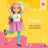 Glitter Girls - Sashka - 36 cm Bewegliche Modepuppe - Blonde Haar und Grüne Augen - Cupcake-Kleid mit Haarschleife - Glitzerschuhe & Gepunktete-Leggings - 3 Jahre +