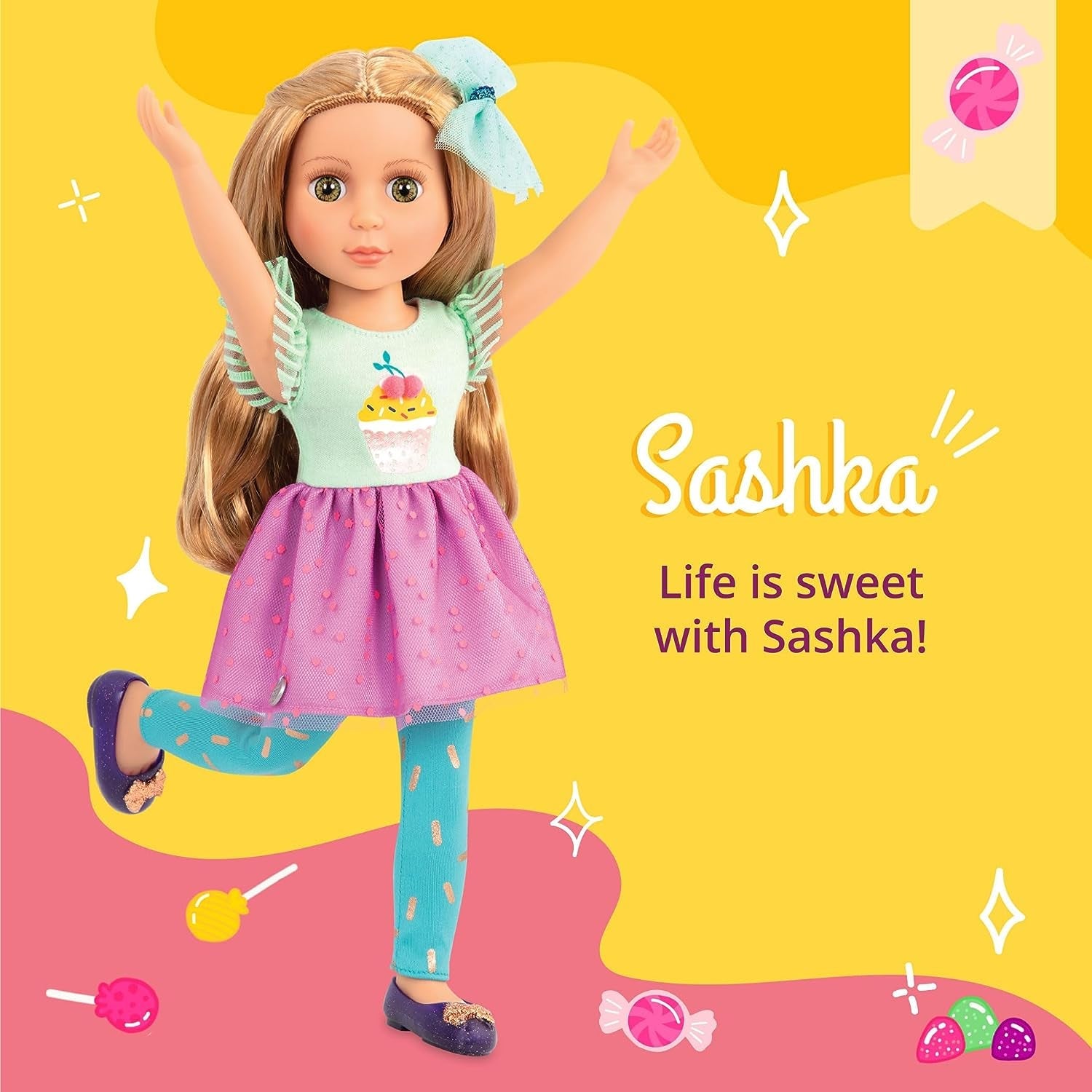 Glitter Girls - Sashka - 36 cm Bewegliche Modepuppe - Blonde Haar und Grüne Augen - Cupcake-Kleid mit Haarschleife - Glitzerschuhe & Gepunktete-Leggings - 3 Jahre +