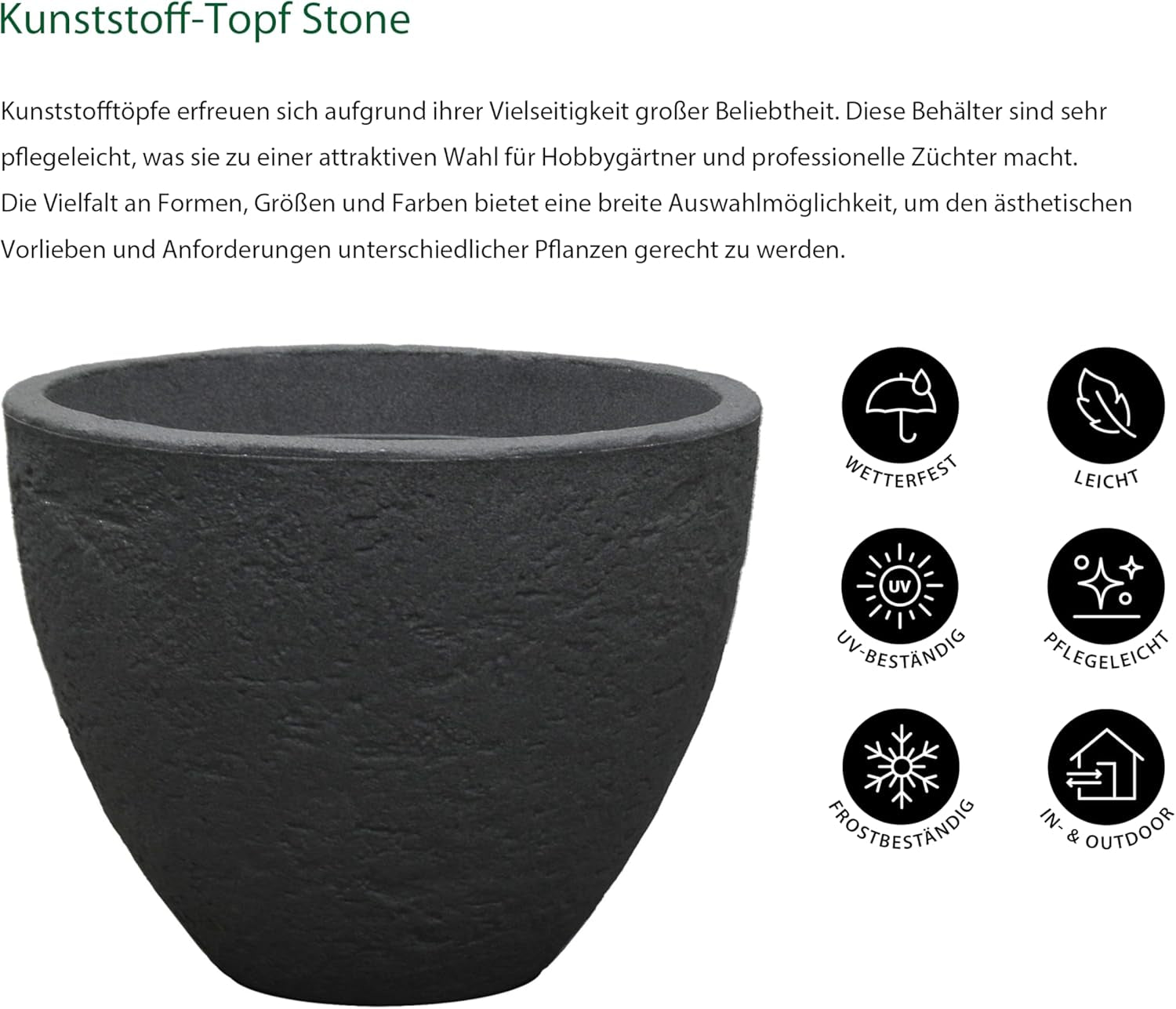 Dehner Stenpotte, Ø 40 cm, højde ca. 31 cm, plast, antracit