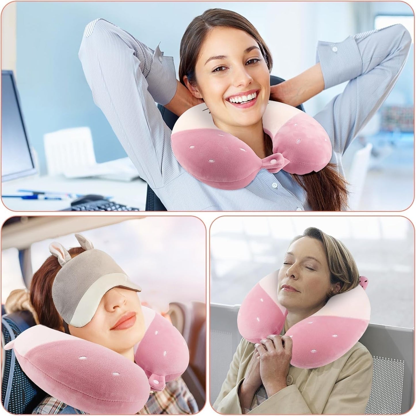 Litimkat Børne Nakkepude Bærbar Nakkepudeï¼ŒRejsepudeï¼Œ U-form Memory Foam Pude Rejse Fly Bil Tog Kontor Hjem Sødt Dyremønster Pudebetræk Aftageligt (Pink) Cervikale ortopædiske puder Naty Shop