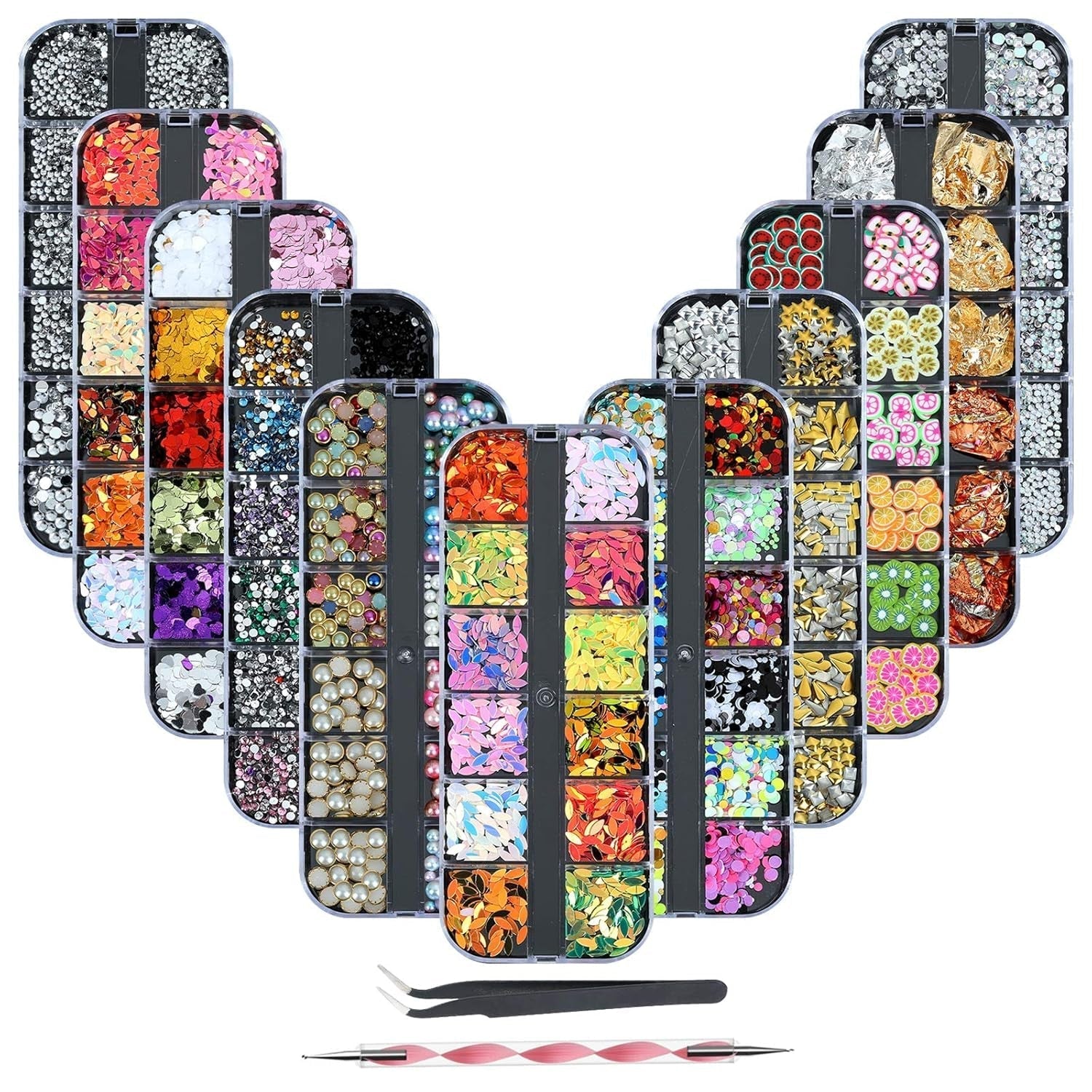 8 Boxen Nail Art Strass Kit - Nail Art Gemischt Strass Set, Nagel Kunst Strasssteine ​​Gems Perlen Edelsteine ​​Bunt Pferdeaugen Strass Für Nageldesign Zubehör Mit 1 Pinzetten Und 1 Strass Picker Für DIY