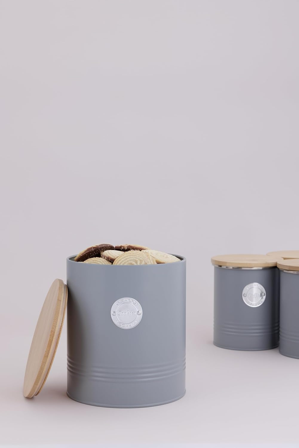 LIVING kollektion, kiksekrukke med låg | pastelgrå | 3,4L kageopbevaringsboks | kagedåse i stål med låg | Bambus lufttætte opbevaringskrukker med låg Naty Shop madopbevaringsbokse