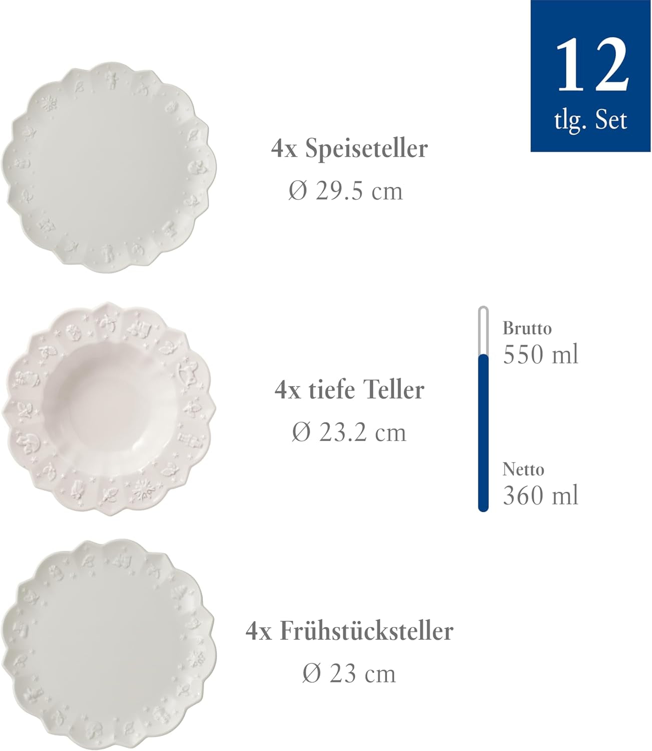 Villeroy & Boch Toy's Delight Royal Classic 12-delt porcelænssæt, Tåler opvaskemaskine og mikroovn, hvid, tallerkener, 4-personers porcelænssæt, julestel, legetøj, premium porcelæn