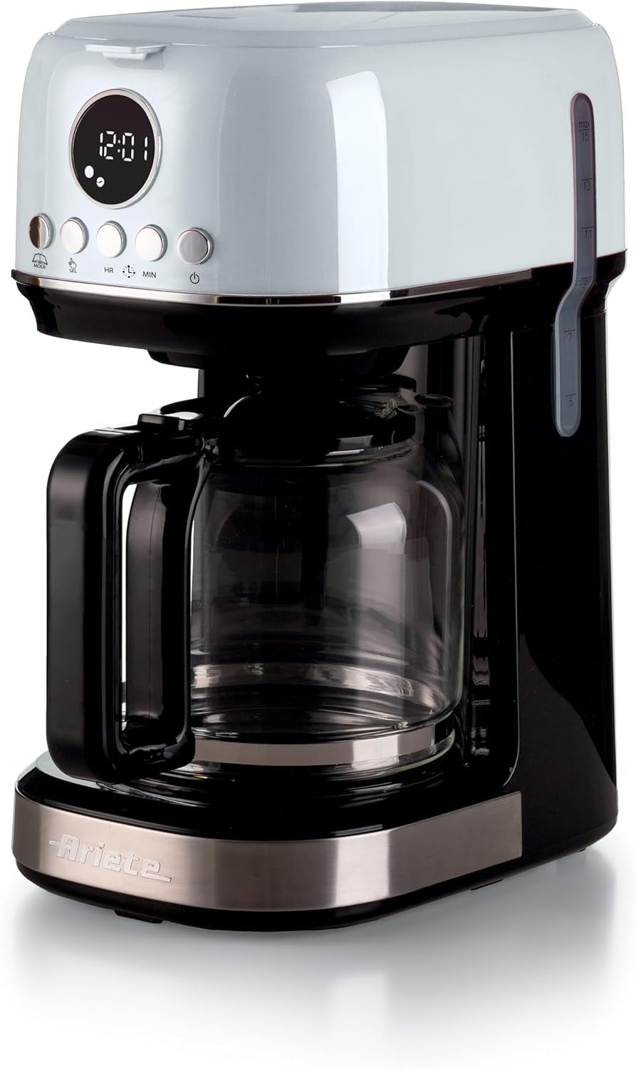 Ariete Moderna 1396 Filter Espressomaskine til fremstilling af amerikansk kaffe Op til 15 kopper Glaskaraffel Varmeplade LCD-skærm Aftagelige og vaskbare filtre Hvid
