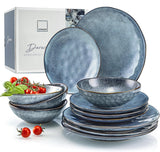SANGER | Darwin 12-delt porcelænssæt, stentøjsstel til 4, blåt stel med middagstallerkener, desserttallerkener og suppetallerkener, håndlavet porcelænssæt | PREMIUM KOLLEKTIONEN