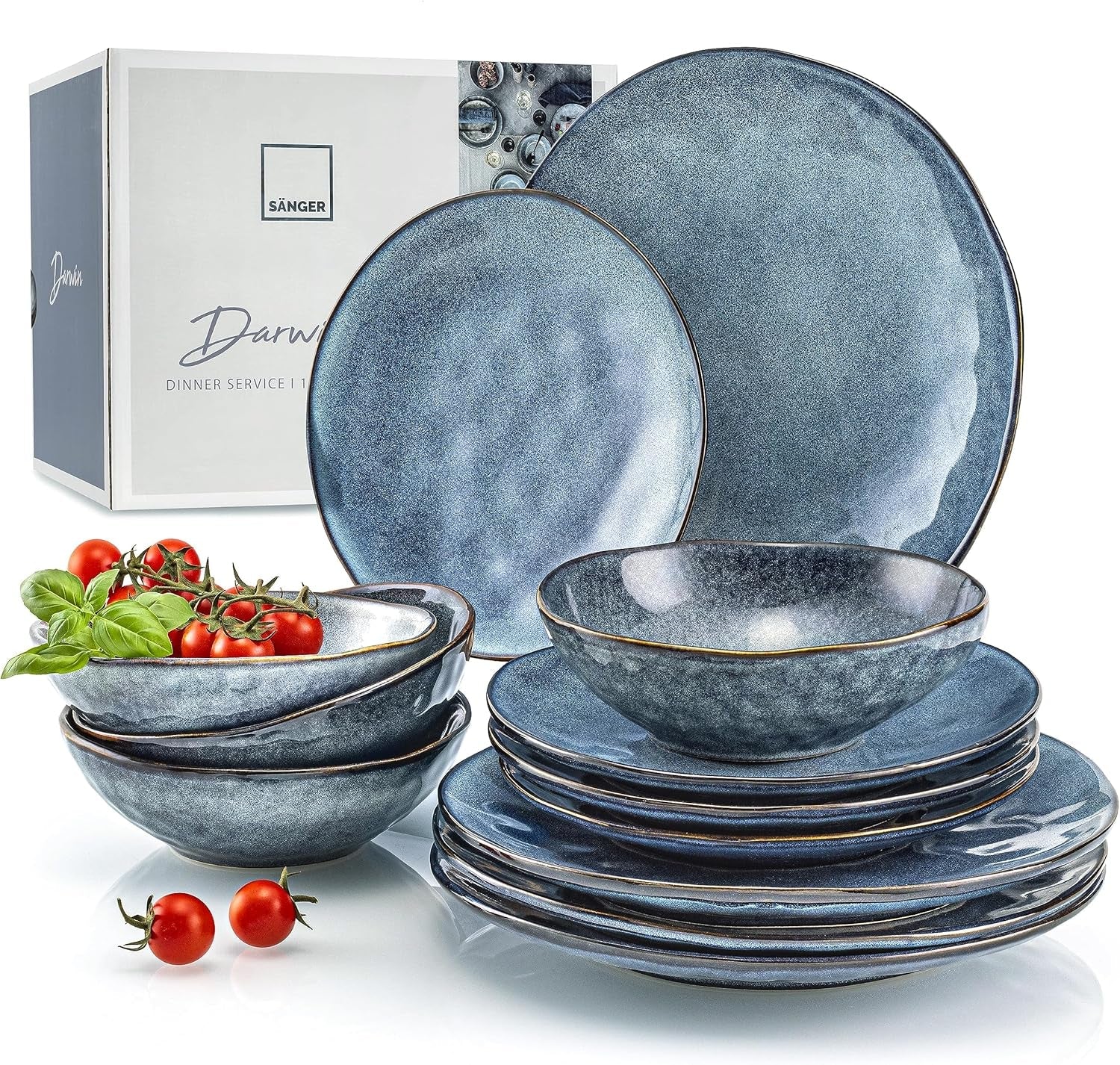 SANGER | Darwin 12-delt porcelænssæt, stentøjsstel til 4, blåt stel med middagstallerkener, desserttallerkener og suppetallerkener, håndlavet porcelænssæt | PREMIUM KOLLEKTIONEN