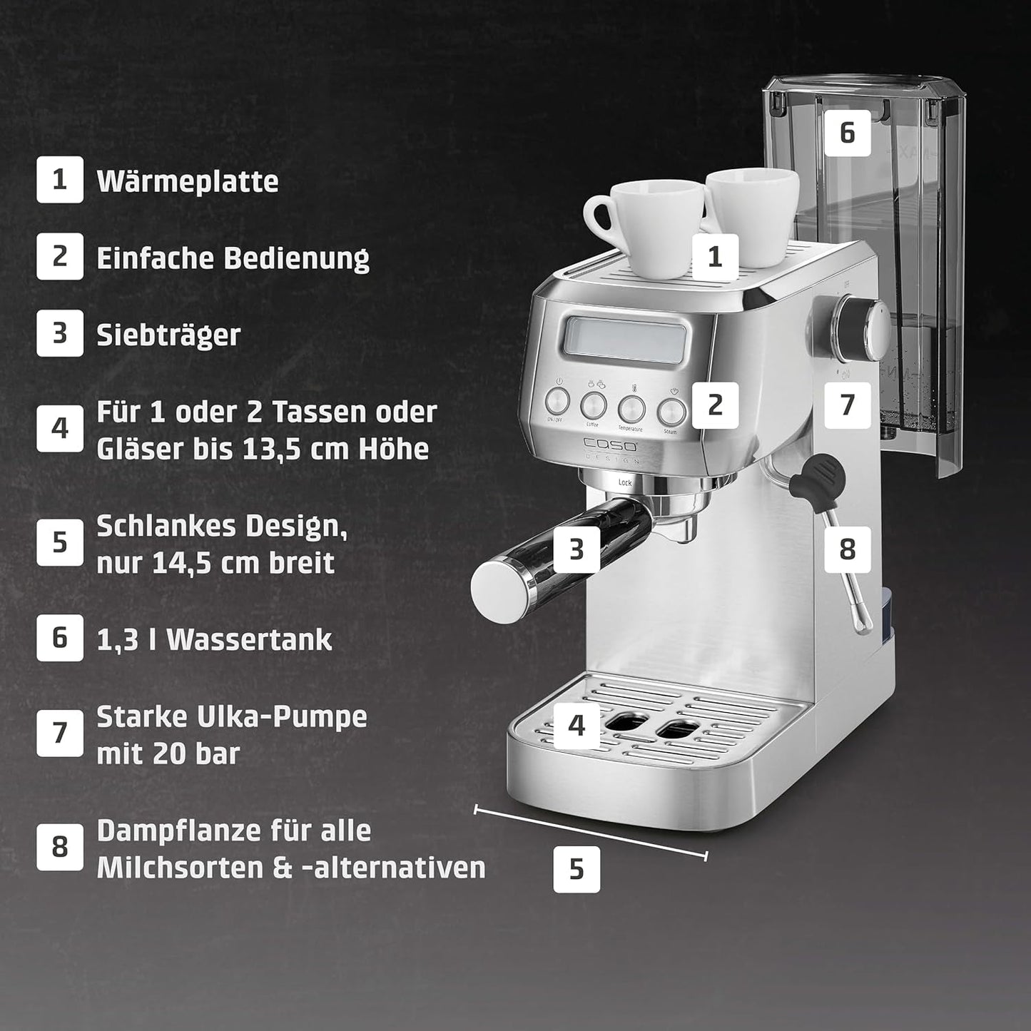 CASO EspressoGourmet Crema - Portafilter espressomaskine med mælkeskummer, espresso, cappuccino, rustfrit stål portafilter, ULKA 20 bar pumpe, kaffemaskine, malet kaffe, ESE kapsler