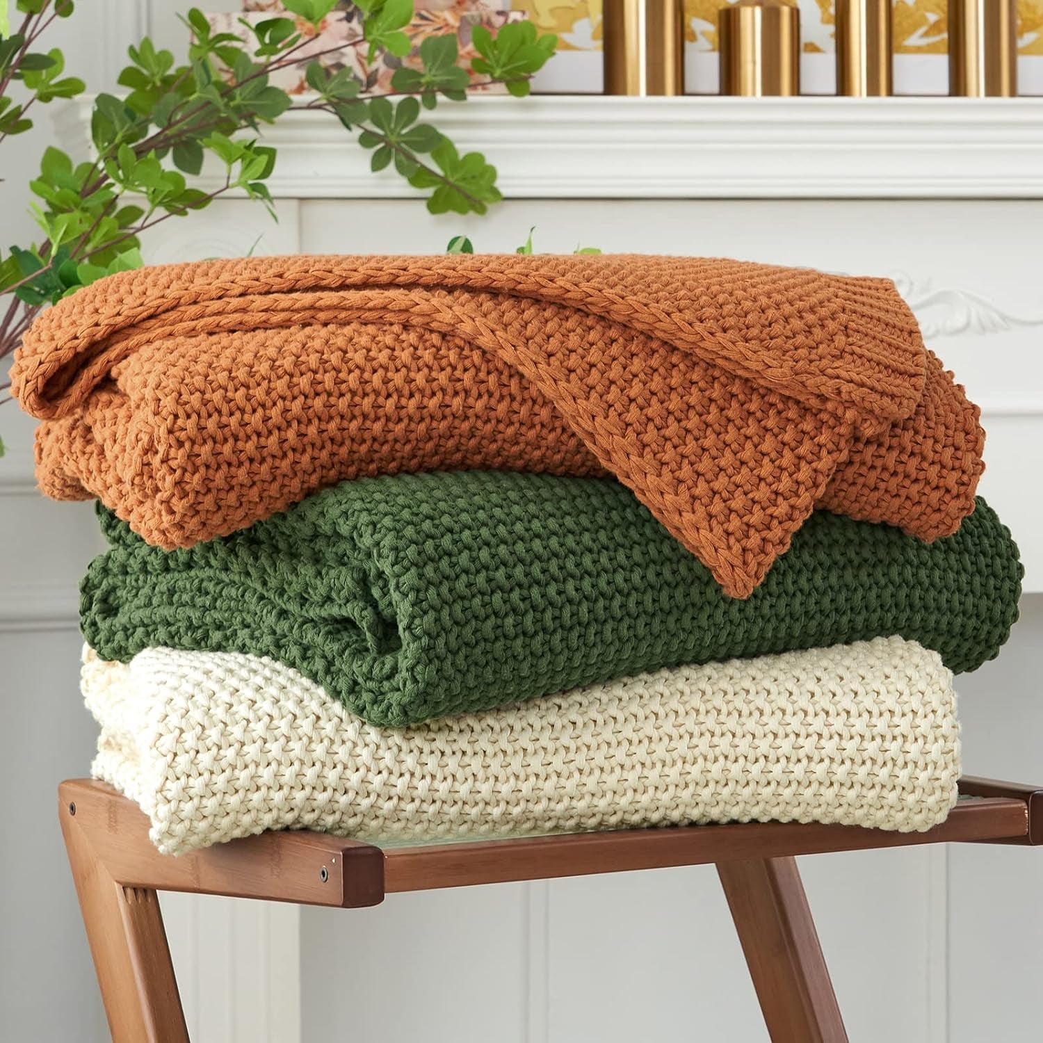 Chunky strik tæppe, Letvægts, Beige, 100% økologisk bomuld, Tæppe til sofa, sofa, seng, barn, børneværelse, Rustik, Shabby chic, Moderne bondehus, 152,4 X 203,2 cm, Inklusiv vaskepose Senge og tæpper Longhui sengetøj Beige 60"X80", overstørrelse