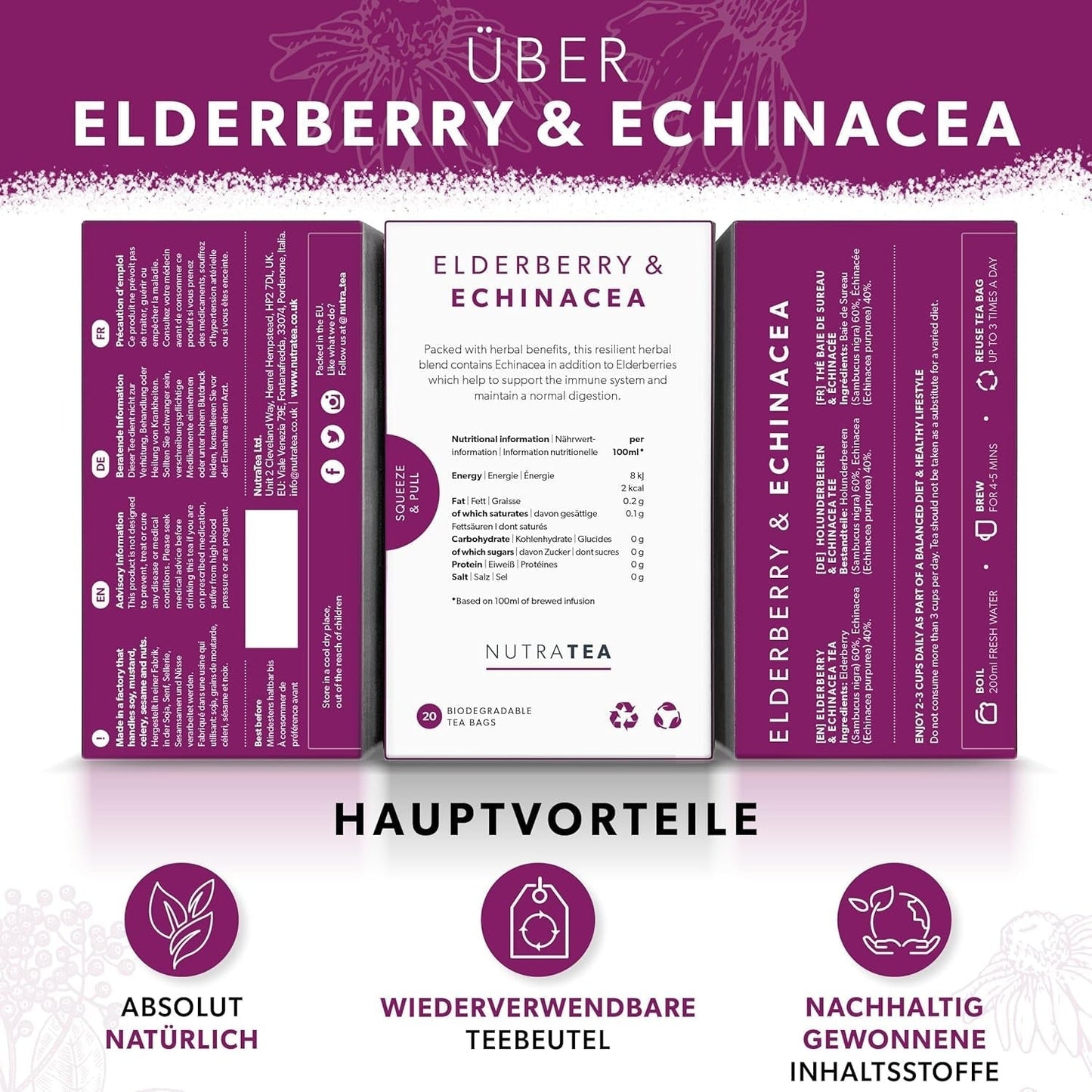 Nutra-te hyldebær og echinacea, immunitets- og forkølelseste, immunstøtte te, kold kamp, ​​20 genanvendelige teposer, naturlig urtete