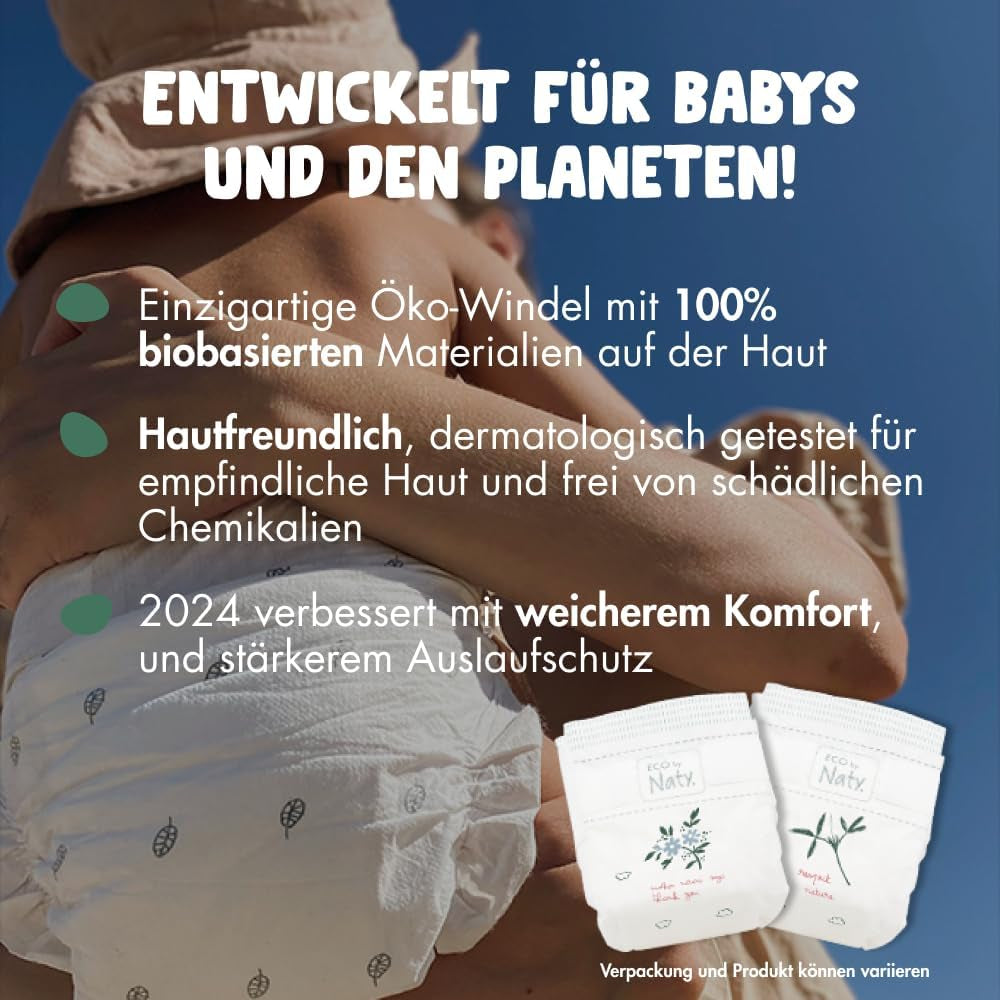 Eco Diapers Eco fra Naty Baby Eco Diapers - premium økologiske bleer, miljøvenlige, lavet af plantebaserede materialer, ideel til følsom babyhud (størrelse 5 - 80 stk.)