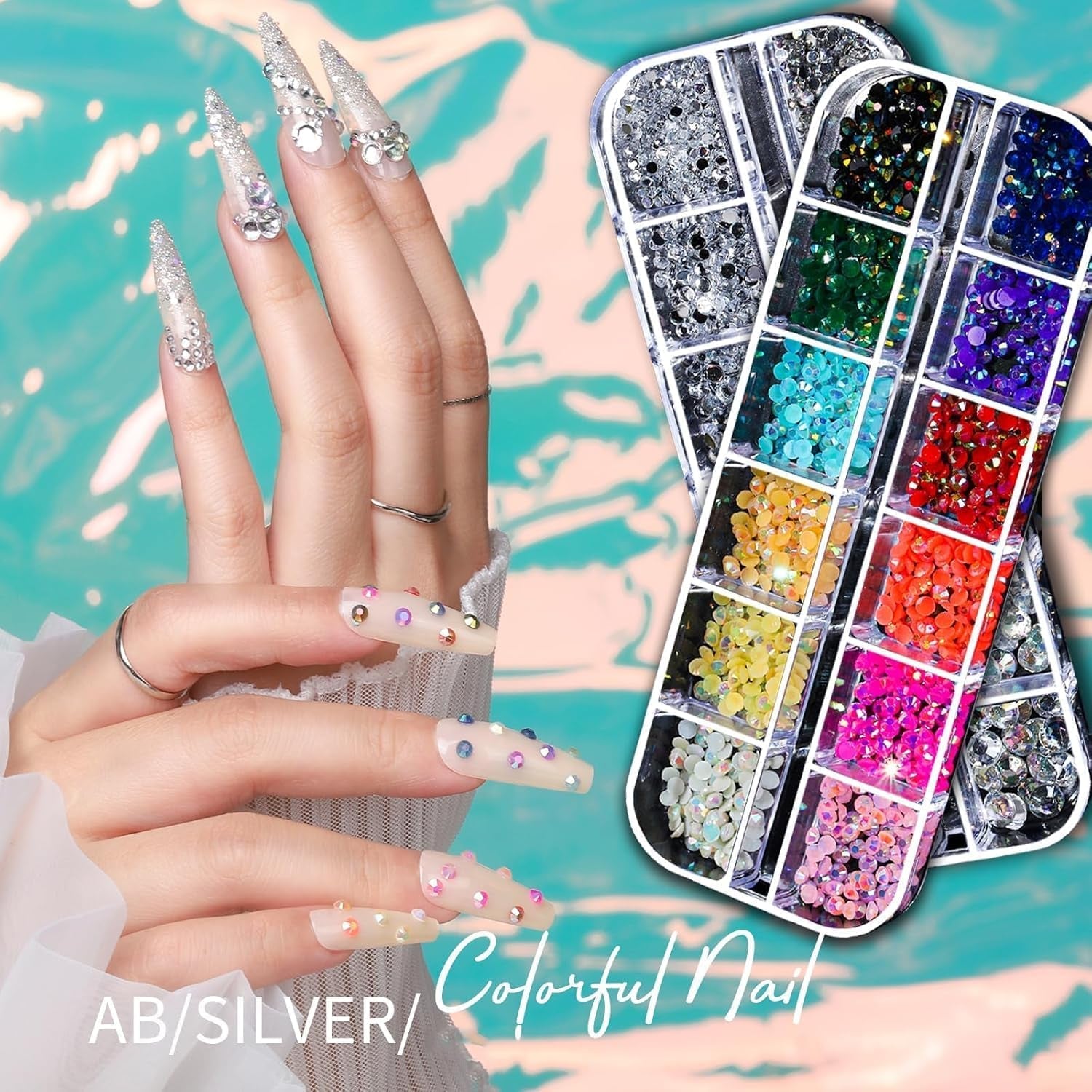 Nail Charms,6 Boxen Gold Silber Nagel Charms 3D Gold Bogen Stern Nail Art Dekoration+6200 Strasssteine ​​Bunt Steine ​​​​AB Perlen Diamanten,3D Legierung Bow Nail Gems Nagel Deko Für Frauen Nagel (6-A)