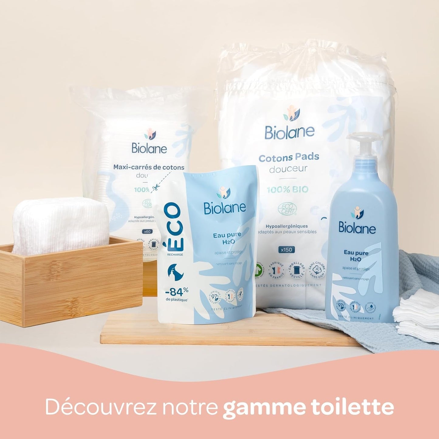 BIOLANE 12 Maxi Squares Wet Pads - Babyer - 100% Økologisk - 720 Bomuld - til følsom hud - Skift og toiletartikler - fra fødslen - lavet i Frankrig